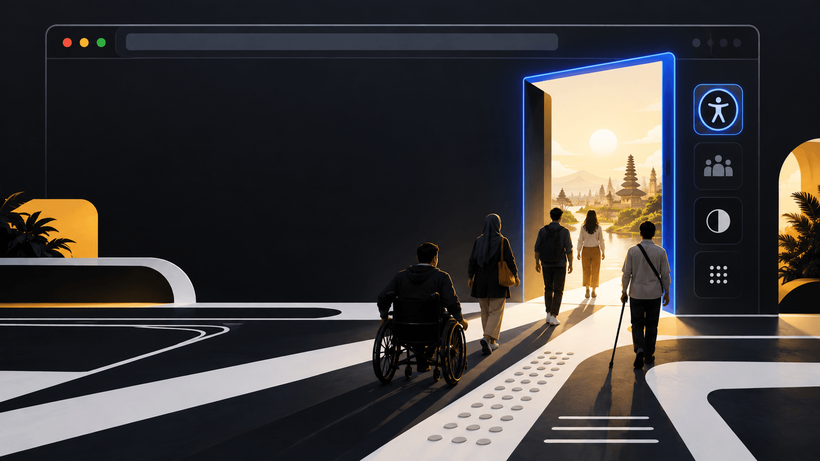 An abstract accessible digital doorway with a visible focus outline in a dark browser interface.
