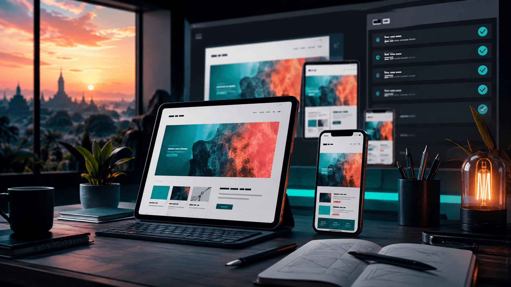 Illustration of a web studio desk with responsive layouts across a phone, tablet, and desktop display before a product event.