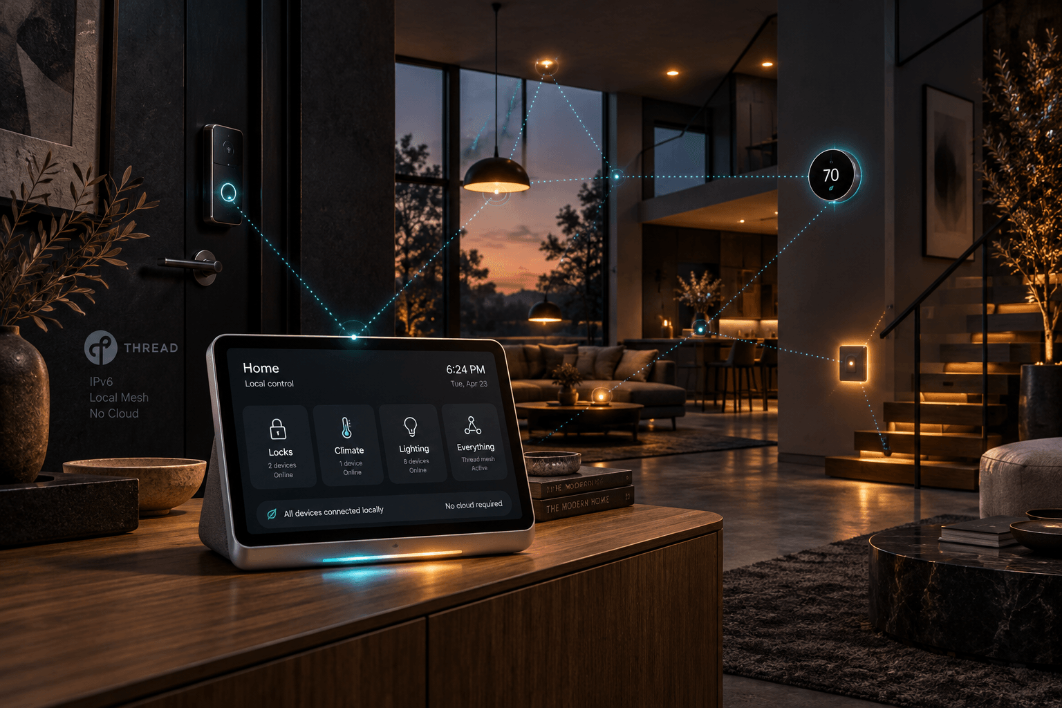 Dark technical editorial illustration of a modern minimalist smart home interior with subtle glowing cyan and amber local mesh network nodes and an aluminum smart display hub communicating locally over Thread.