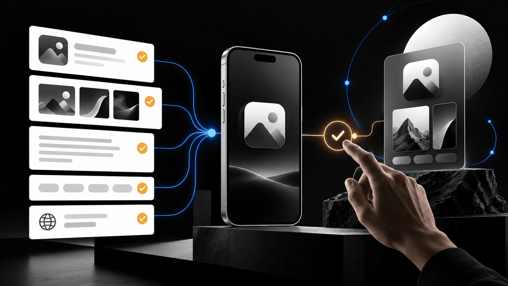 Editorial illustration of app release records, review cards, and connected capability signals on a dark background.