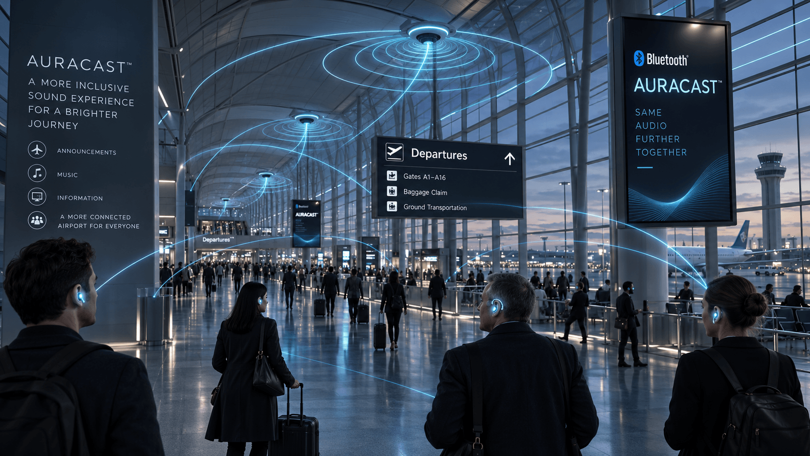 Visualisasi konsep 3D editorial siaran radio Bluetooth Auracast merambat melintasi selasar terminal bandara menuju earbud dan alat bantu dengar penumpang.
