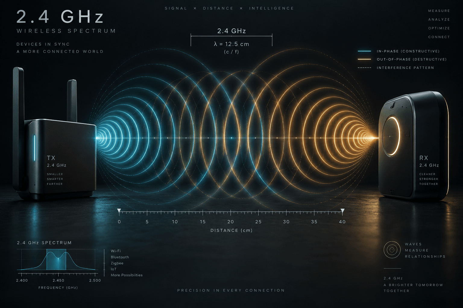 Dark editorial tech illustration of two electronic devices exchanging precision radio wave phase patterns and measurement rings in the 2.4 GHz spectrum.