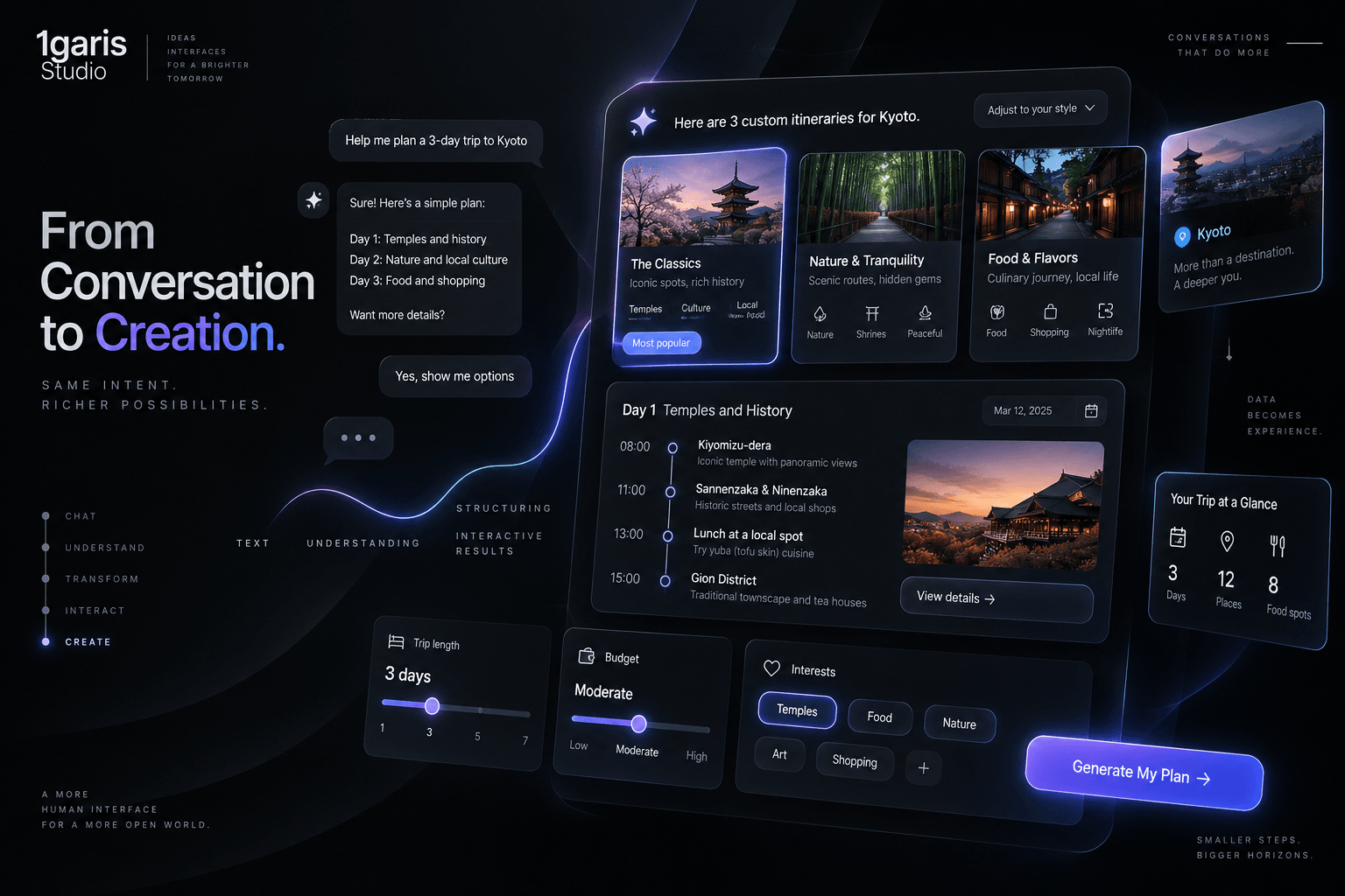 Editorial digital illustration of a conversational chat screen dynamically assembling glowing modular user interface controls, toggles, and buttons.