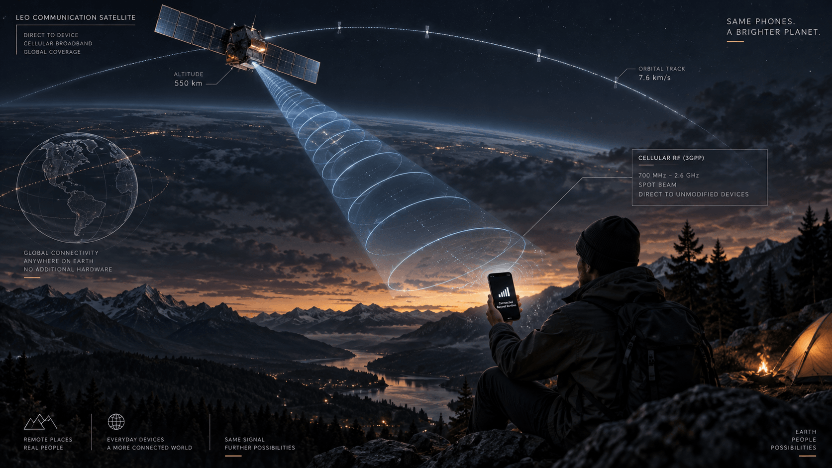 Dark technical illustration of a low Earth orbit communication satellite in deep space casting a focused cellular radio spot beam down toward an unmodified smartphone held in a remote wilderness valley at dusk.