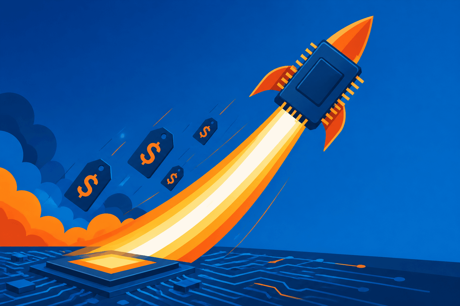 Editorial illustration of a rocket-chip icon launching with falling price tags, representing a faster and cheaper AI model release