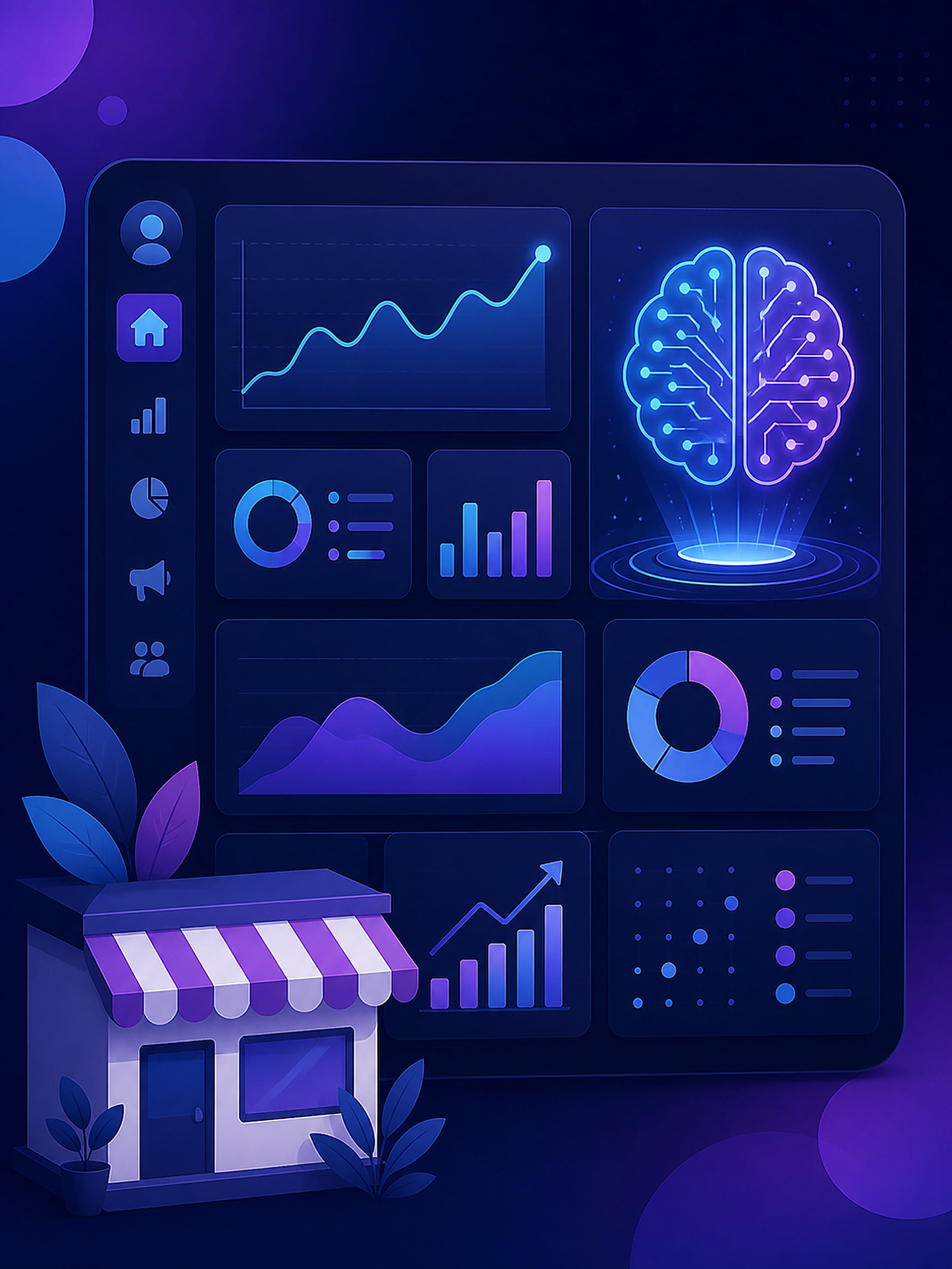Conceptual illustration of a glowing AI-powered advertising dashboard with charts and a small business icon