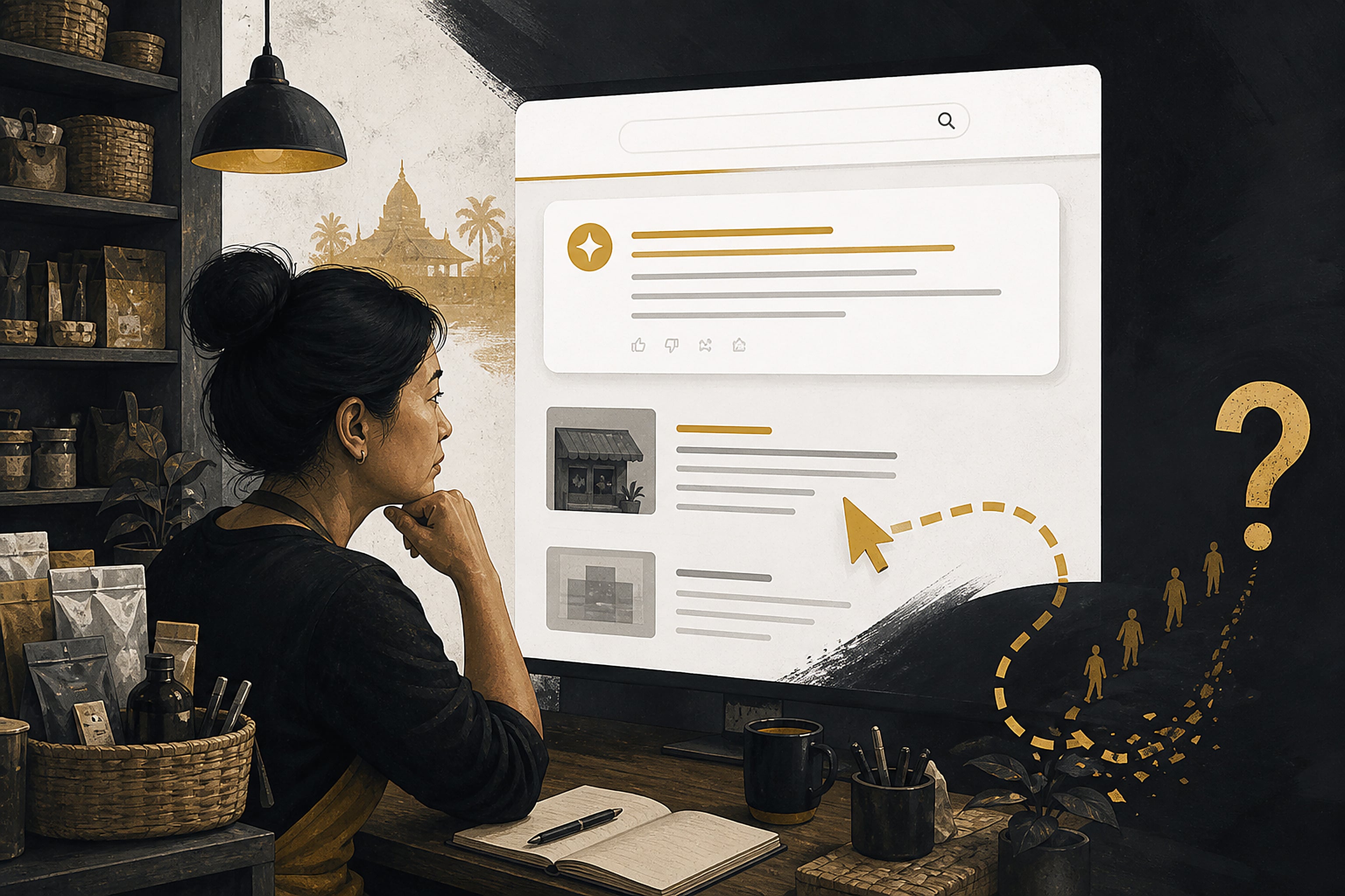 Editorial illustration of a small business owner seeing a generic AI answer panel above website results.
