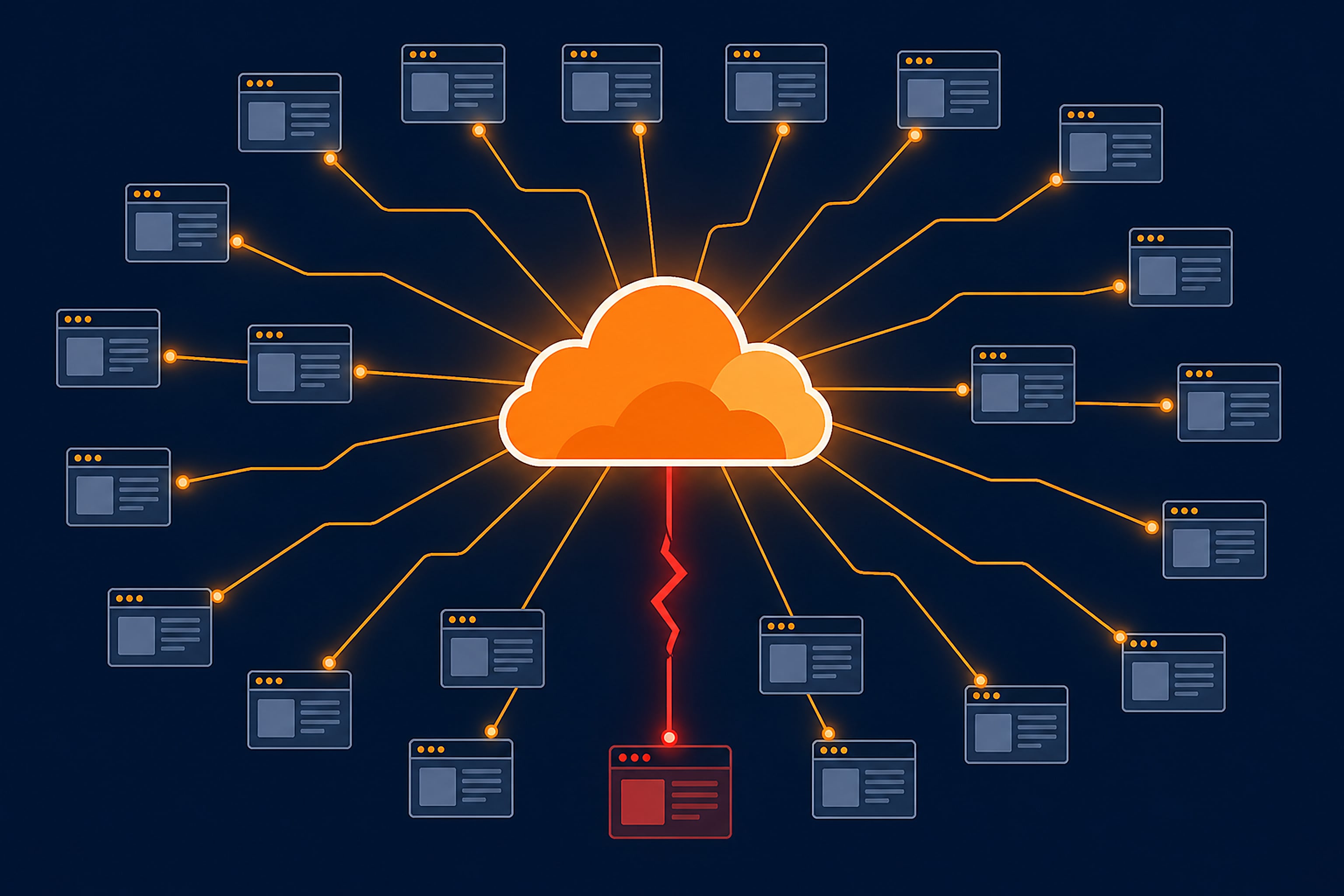 Conceptual illustration of a central cloud hub icon radiating thin lines to many small website icons, with one connecting line shown broken in red representing a service disruption rippling outward