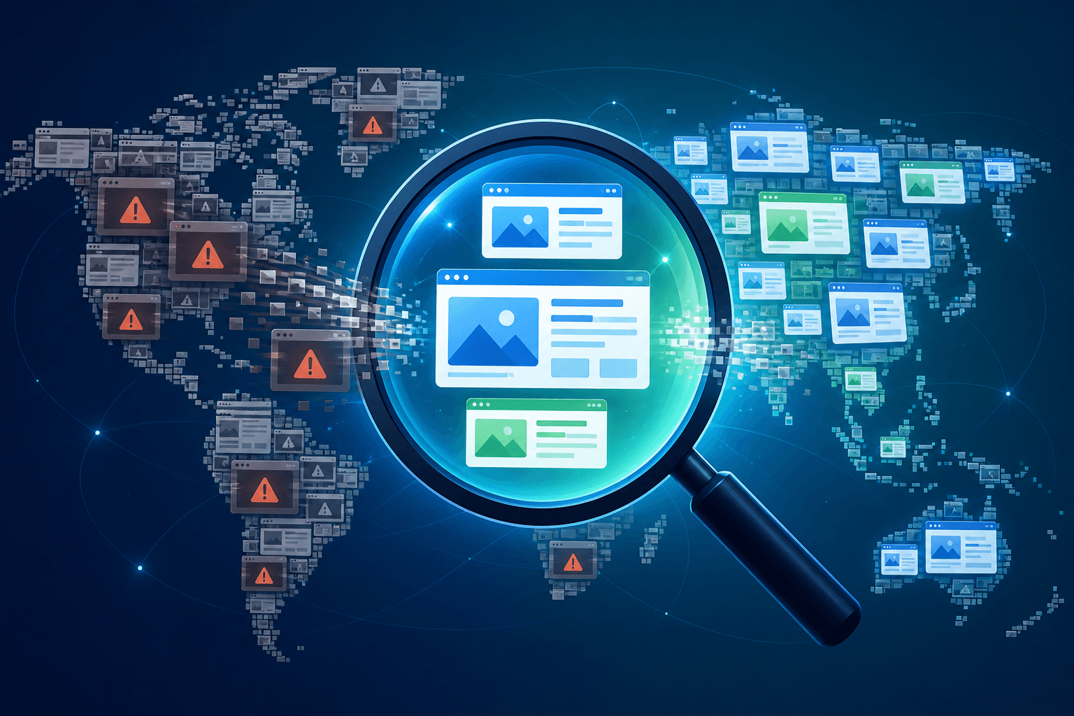 Illustration of a search magnifying glass filtering red spam website cards from a digital map while clean sites remain visible