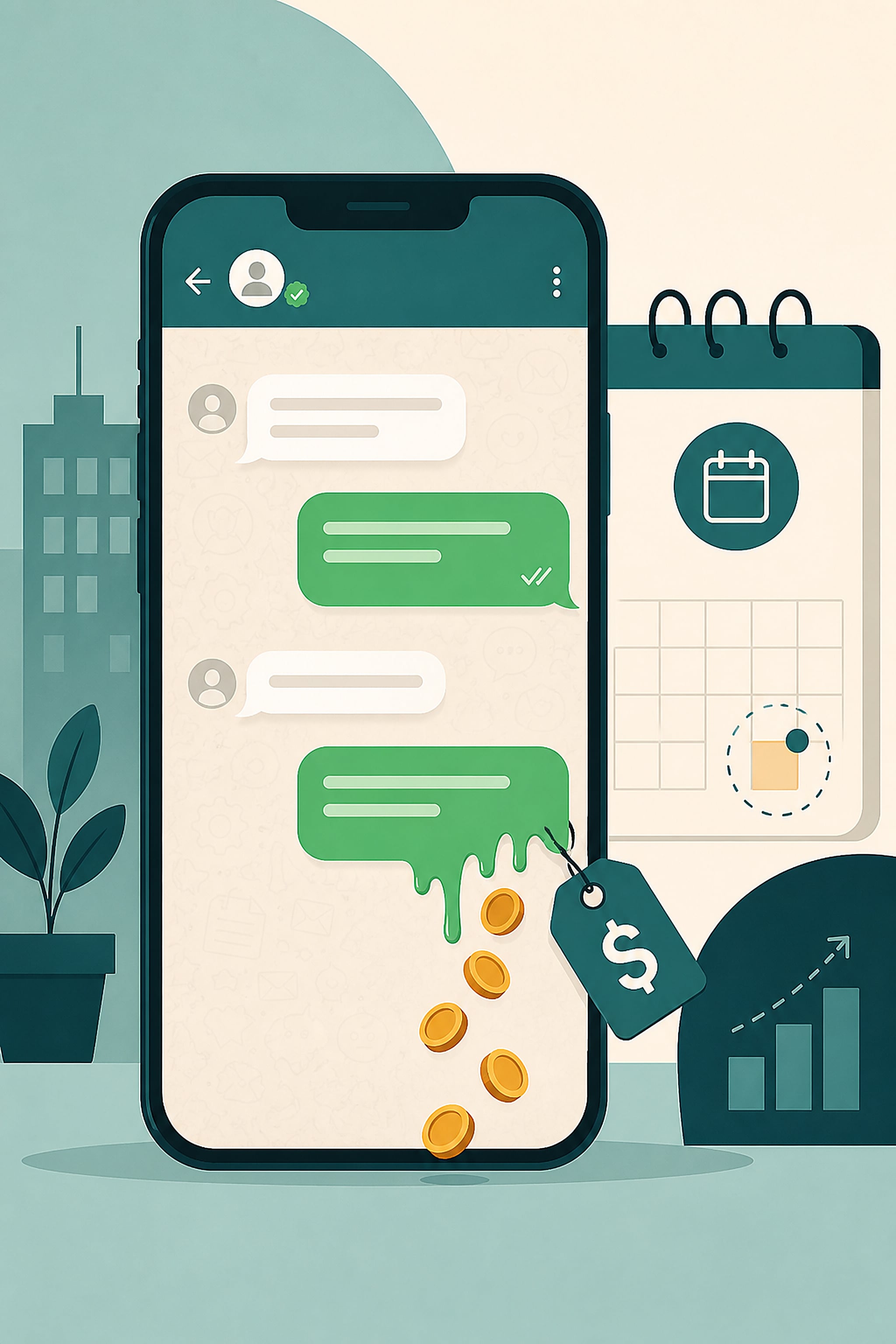 Flat illustration of a smartphone chat interface with green speech bubbles, one bubble subtly dripping small coins, representing free WhatsApp replies turning into paid messages