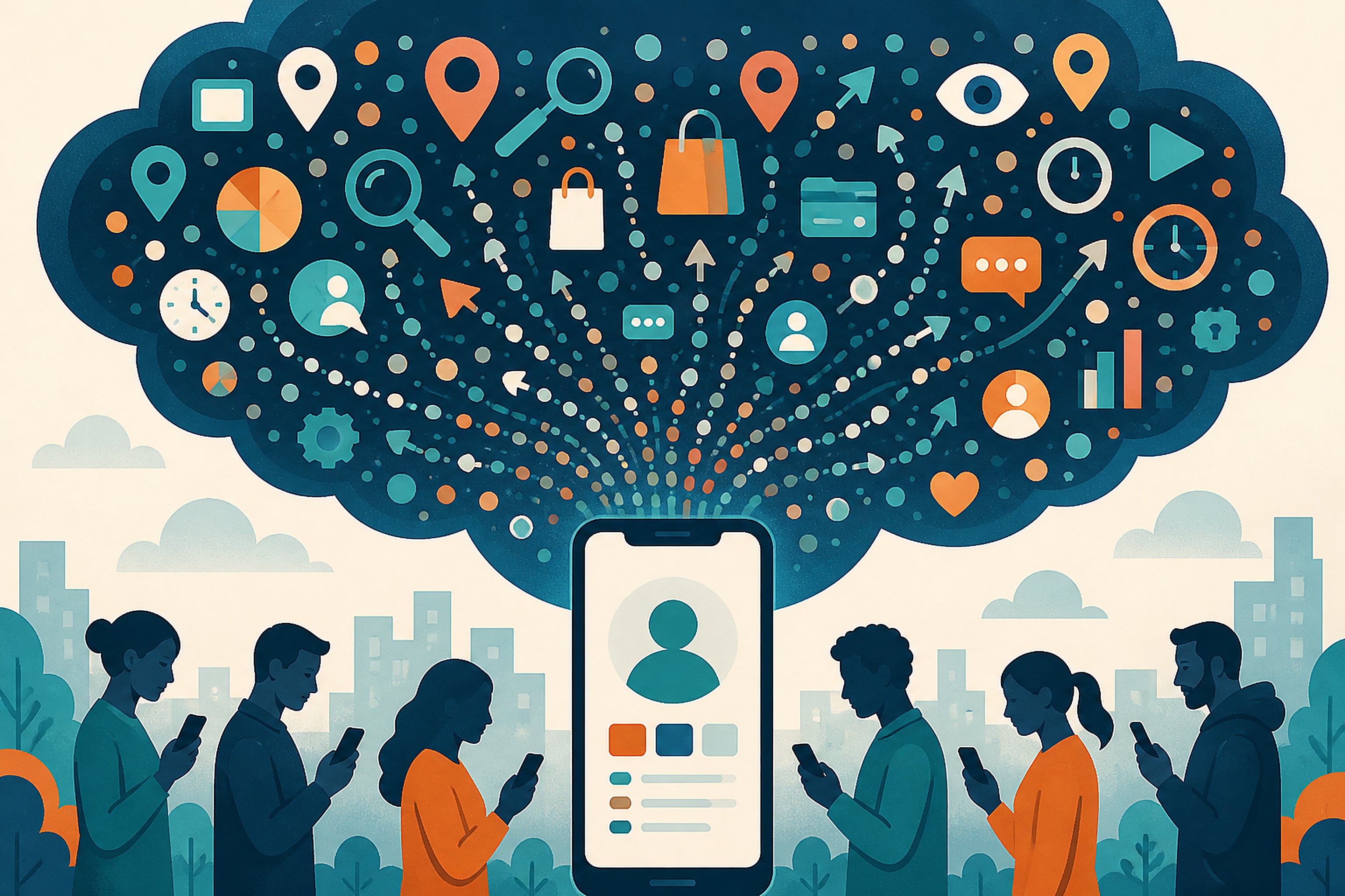 Conceptual flat illustration of a smartphone silhouette with small icons for location, shopping, chat, and browsing flowing upward into a large cloud shape, representing the scale of app data collection