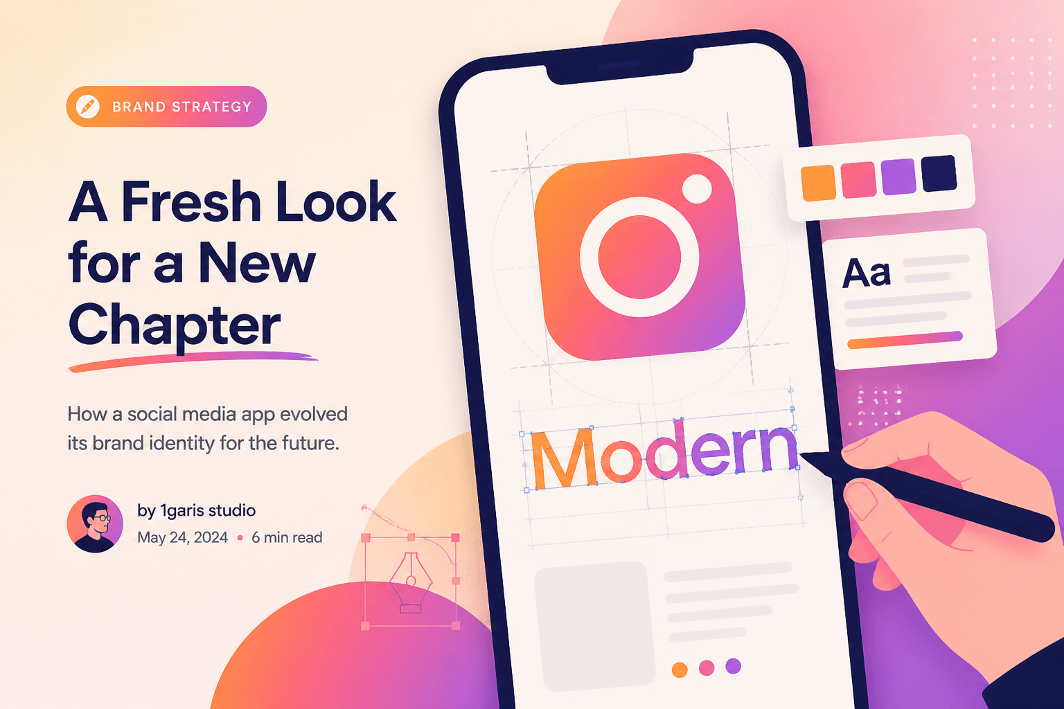 Editorial illustration of an abstract phone screen with a gradient camera-style icon and a wordmark being redrawn by a pen, representing a brand identity refresh