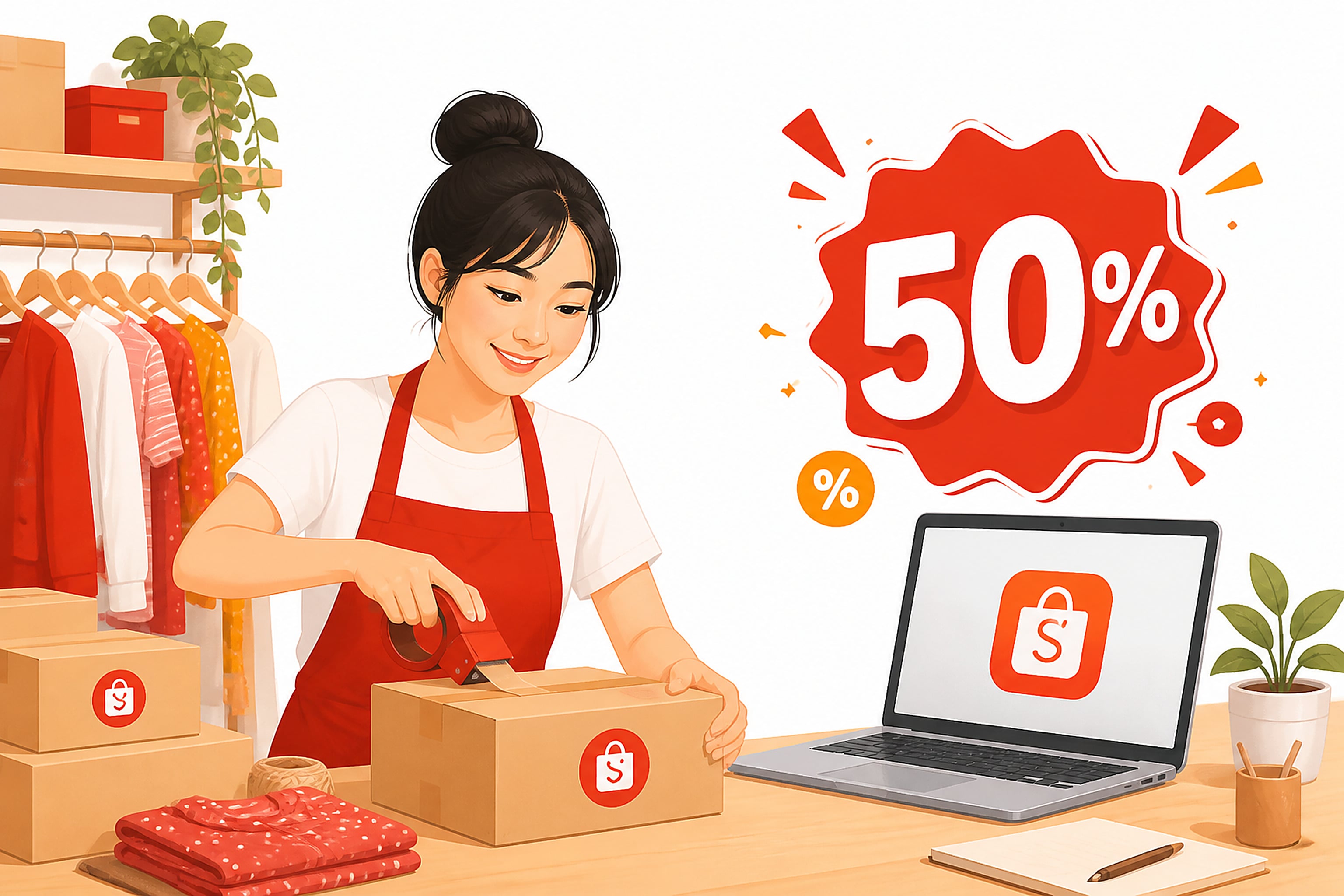 Flat illustration of an Indonesian small online shop owner packing a parcel beside a laptop showing a marketplace app, with a large 50% discount badge floating above