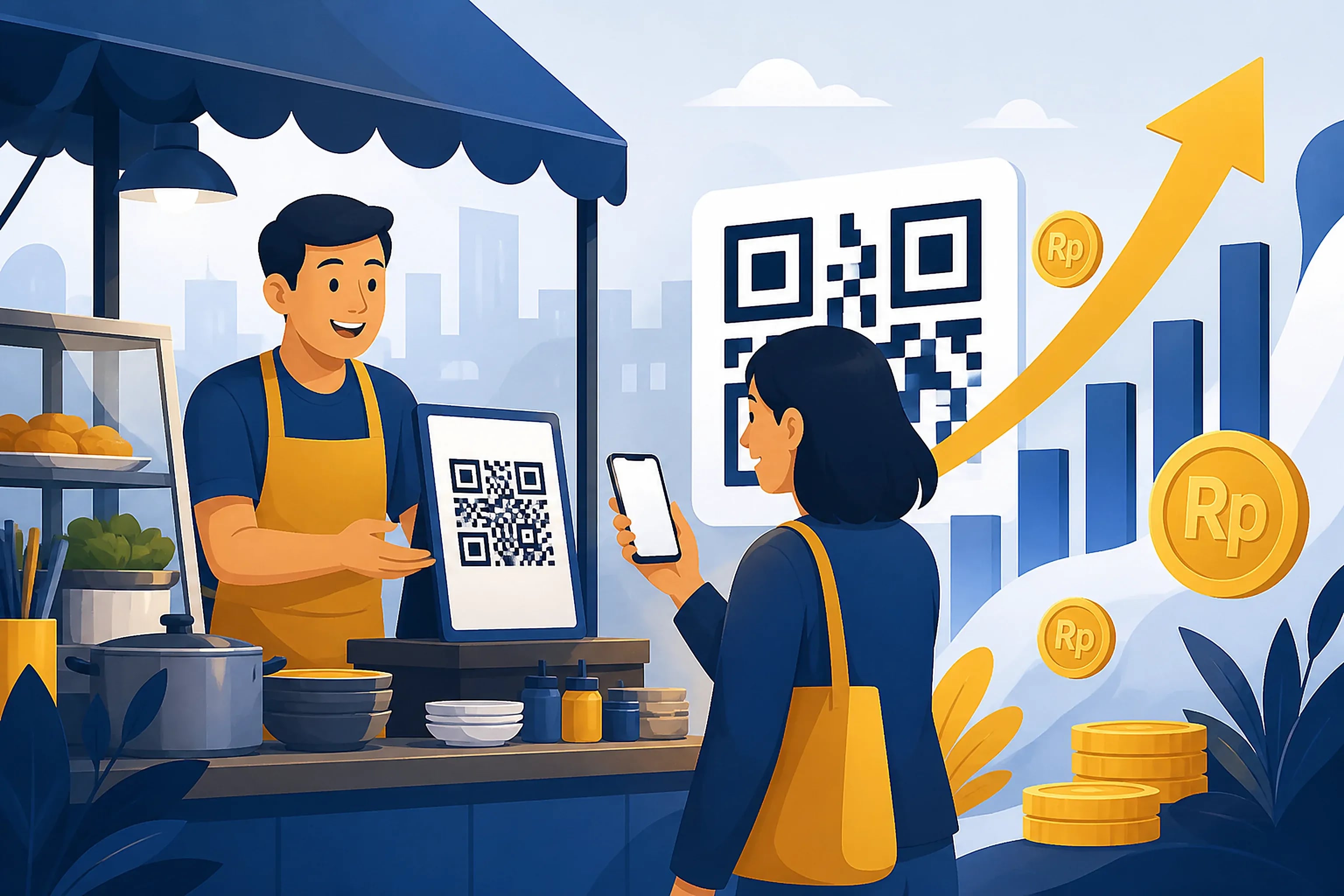 Illustration of a small Indonesian merchant showing a QRIS payment code to a customer paying with a smartphone