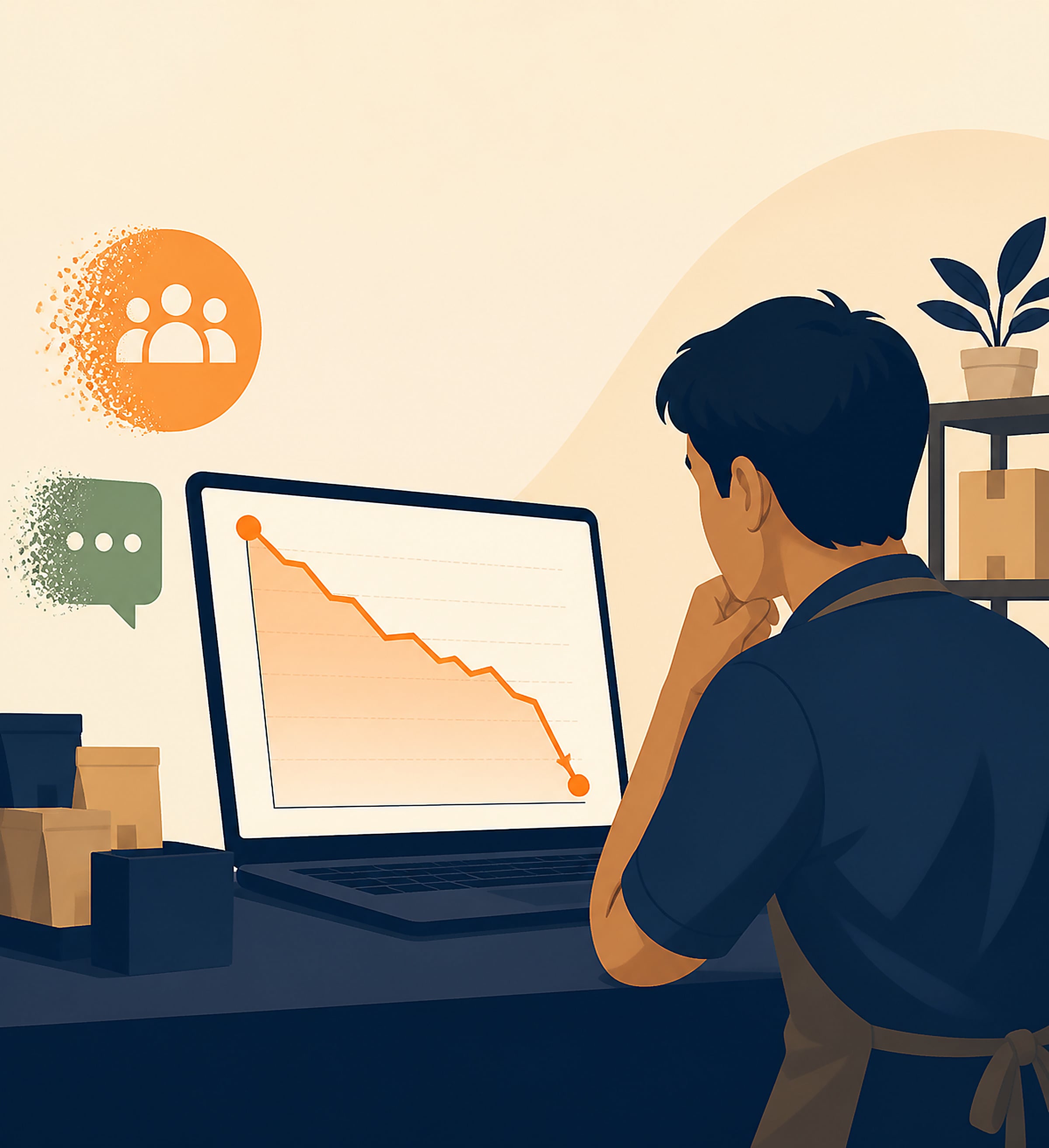Flat illustration of a line chart on a laptop screen showing a sudden cliff-shaped drop, with small forum and chat bubble icons fading beside the falling line