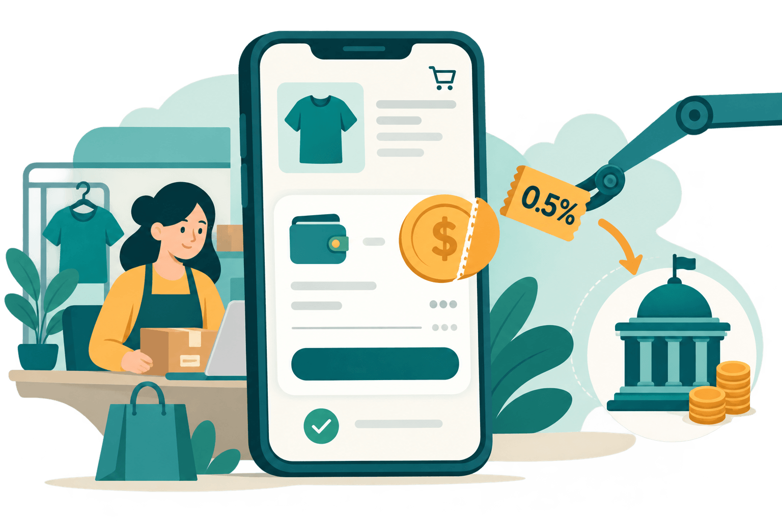 Editorial flat vector illustration of a phone showing an online store checkout with a small tax percentage tag automatically clipped from a payment icon, teal and cream palette