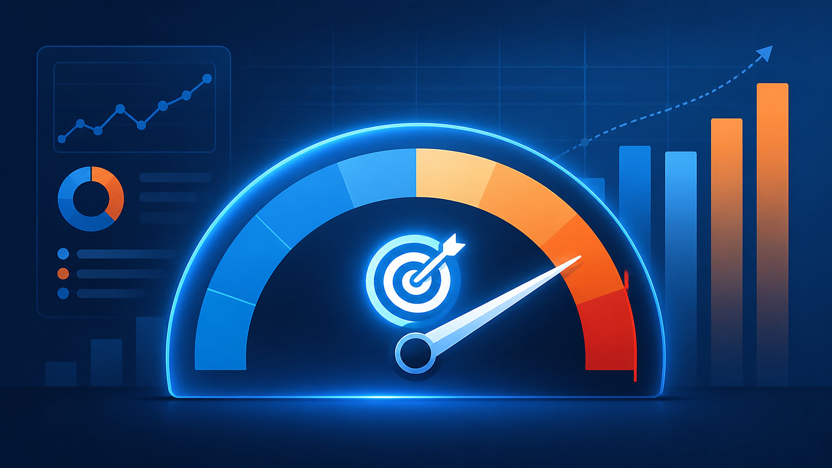 Conceptual flat illustration of a glowing dashboard gauge with a needle swinging toward a fixed red target line, with bar chart bars rising behind it, representing an advertising bid target