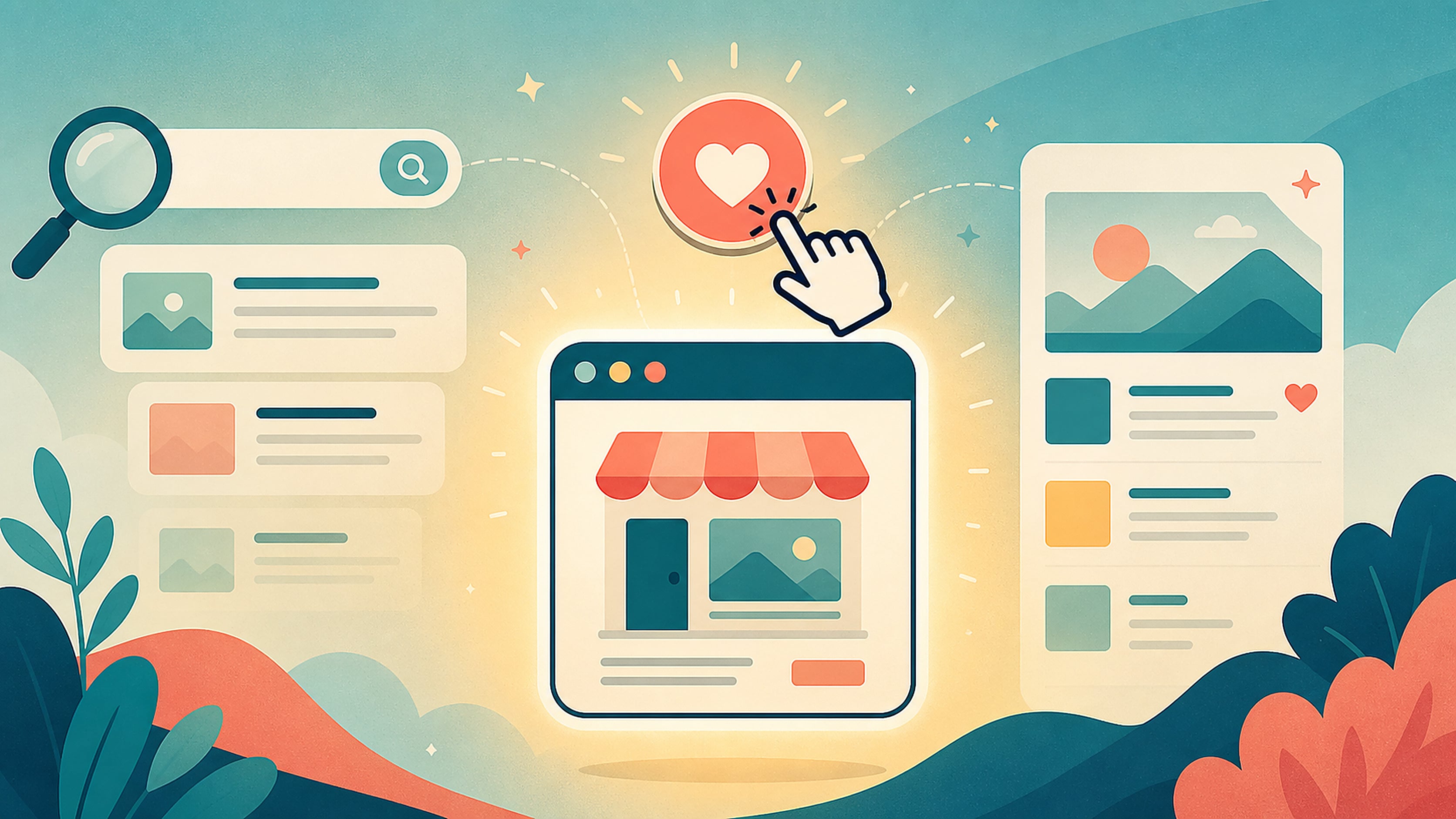 Flat modern editorial illustration of a glowing website window with a small storefront icon inside, a hand clicking a round badge-style button above it, with abstract search result cards and a magnifying glass in the background