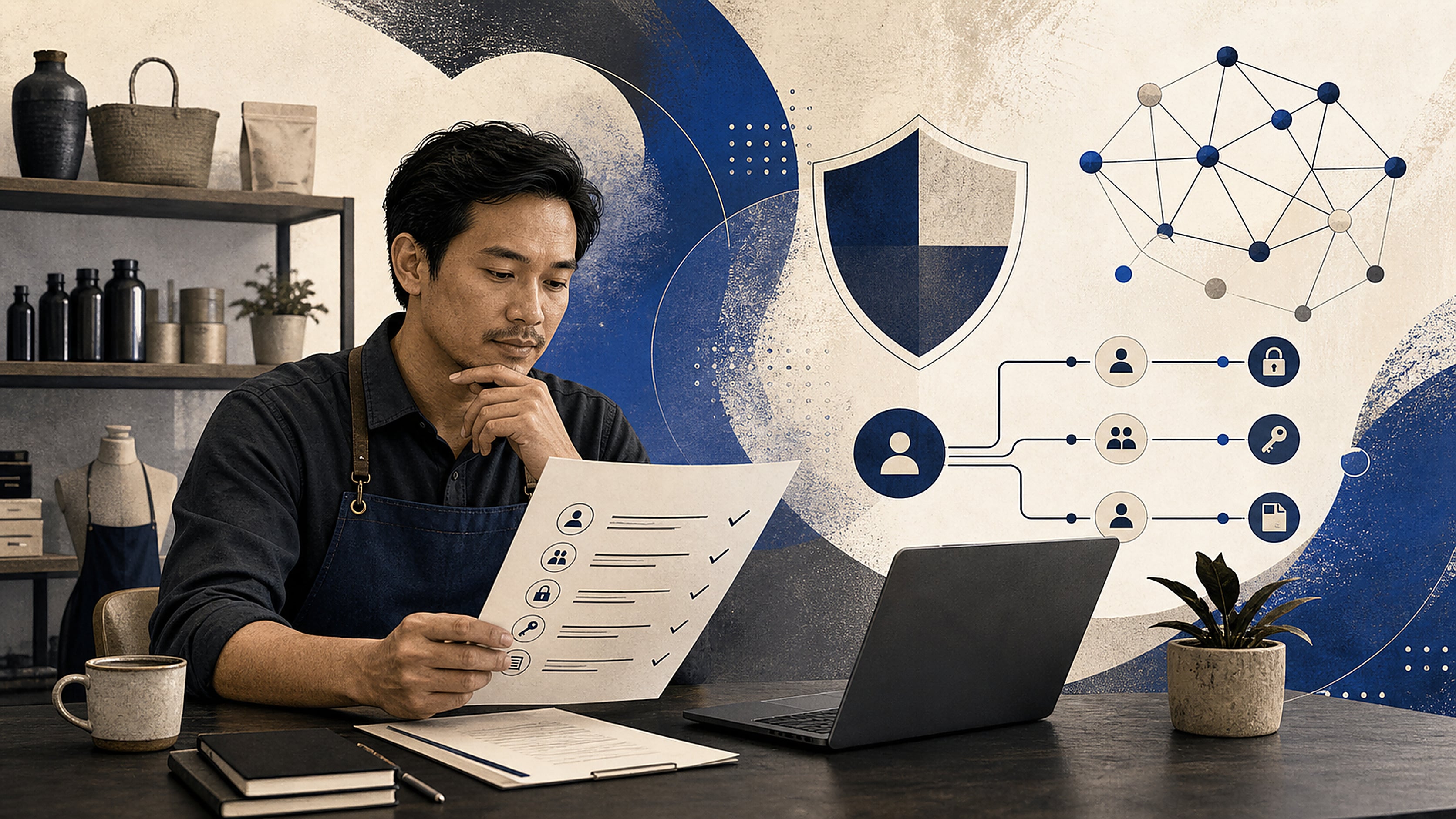 Editorial illustration of a small business owner reviewing access controls beside a laptop.