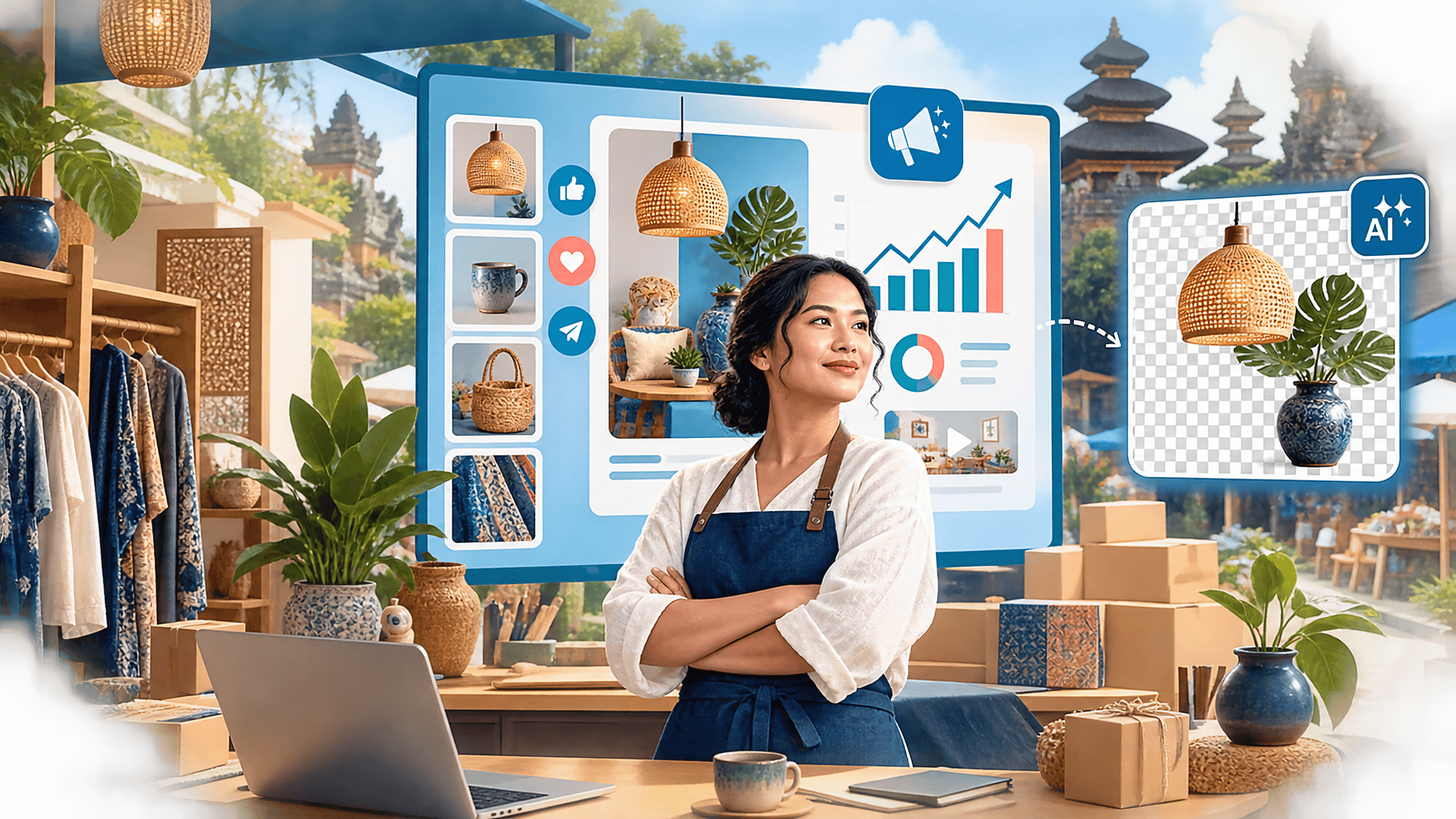 Ilustrasi pemilik UMKM di depan papan kampanye digital dengan visual AI yang ditandai ikon transparansi