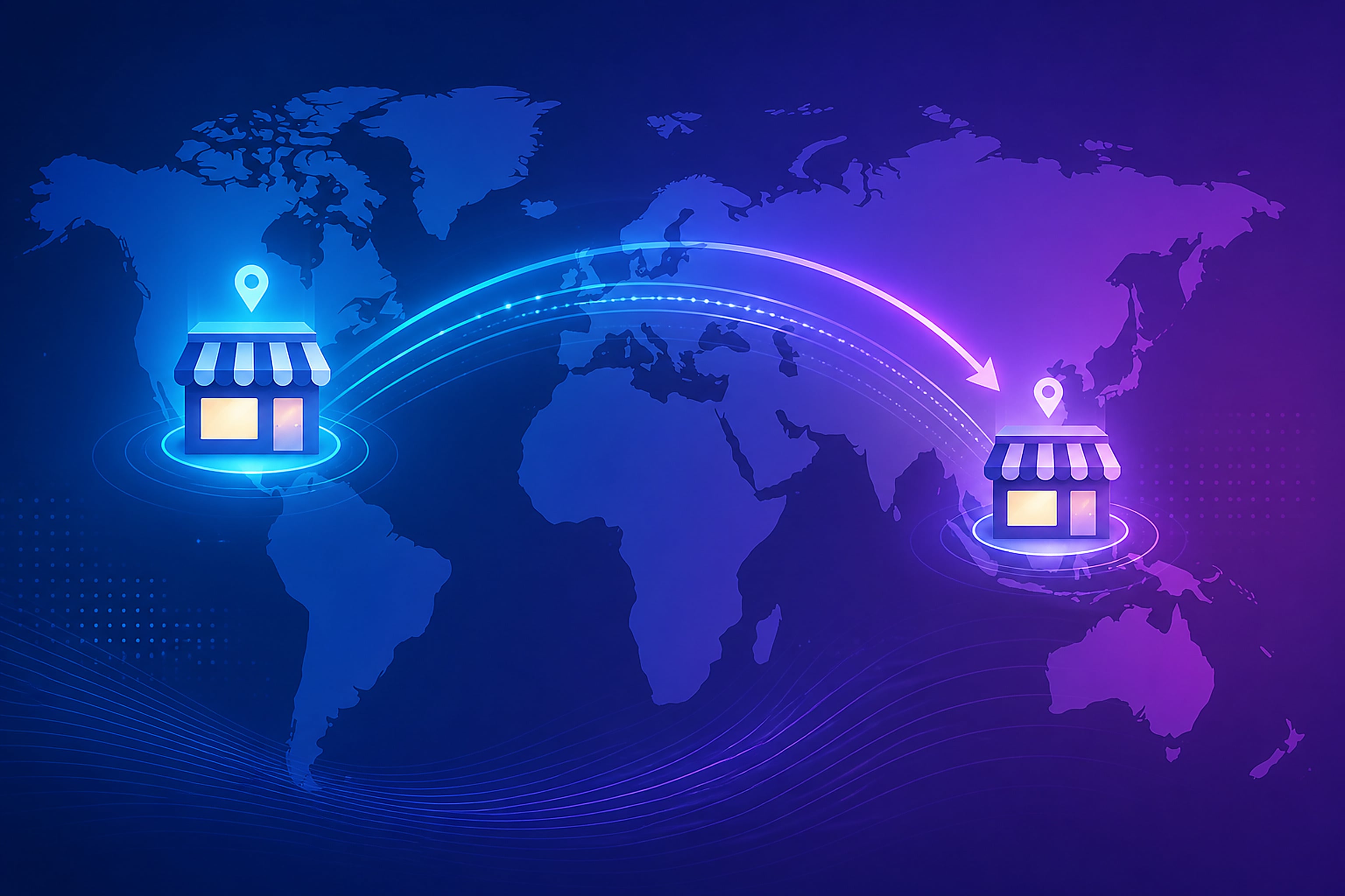 Flat vector illustration of a stylized world map with two glowing online-shop icons above the silhouettes of the Americas and Southeast Asia, connected by a data flow arrow, representing a shift in global e-commerce markets