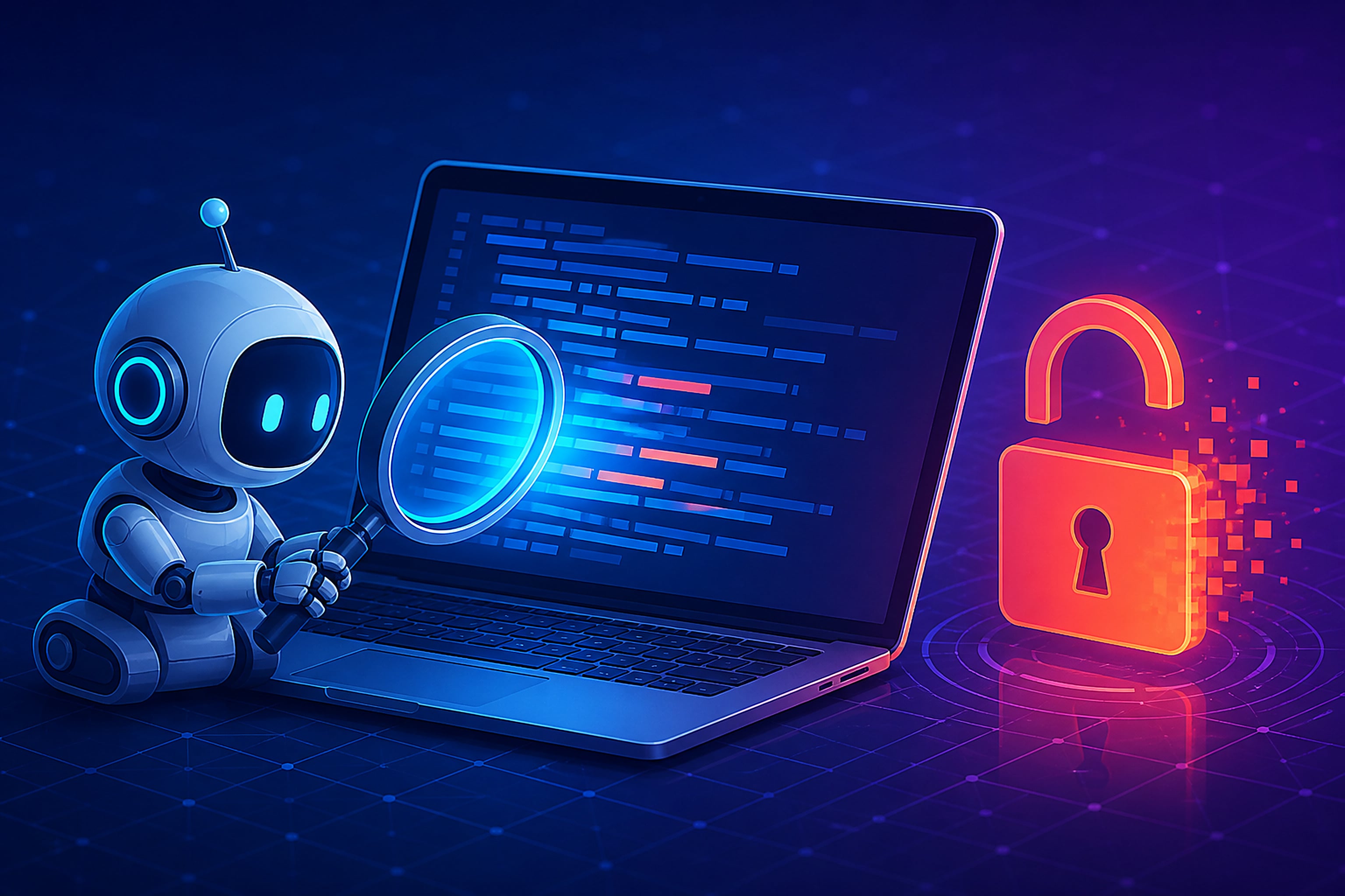 Conceptual illustration of a glowing AI magnifying glass scanning code on a laptop screen next to an open red padlock icon representing a discovered security flaw