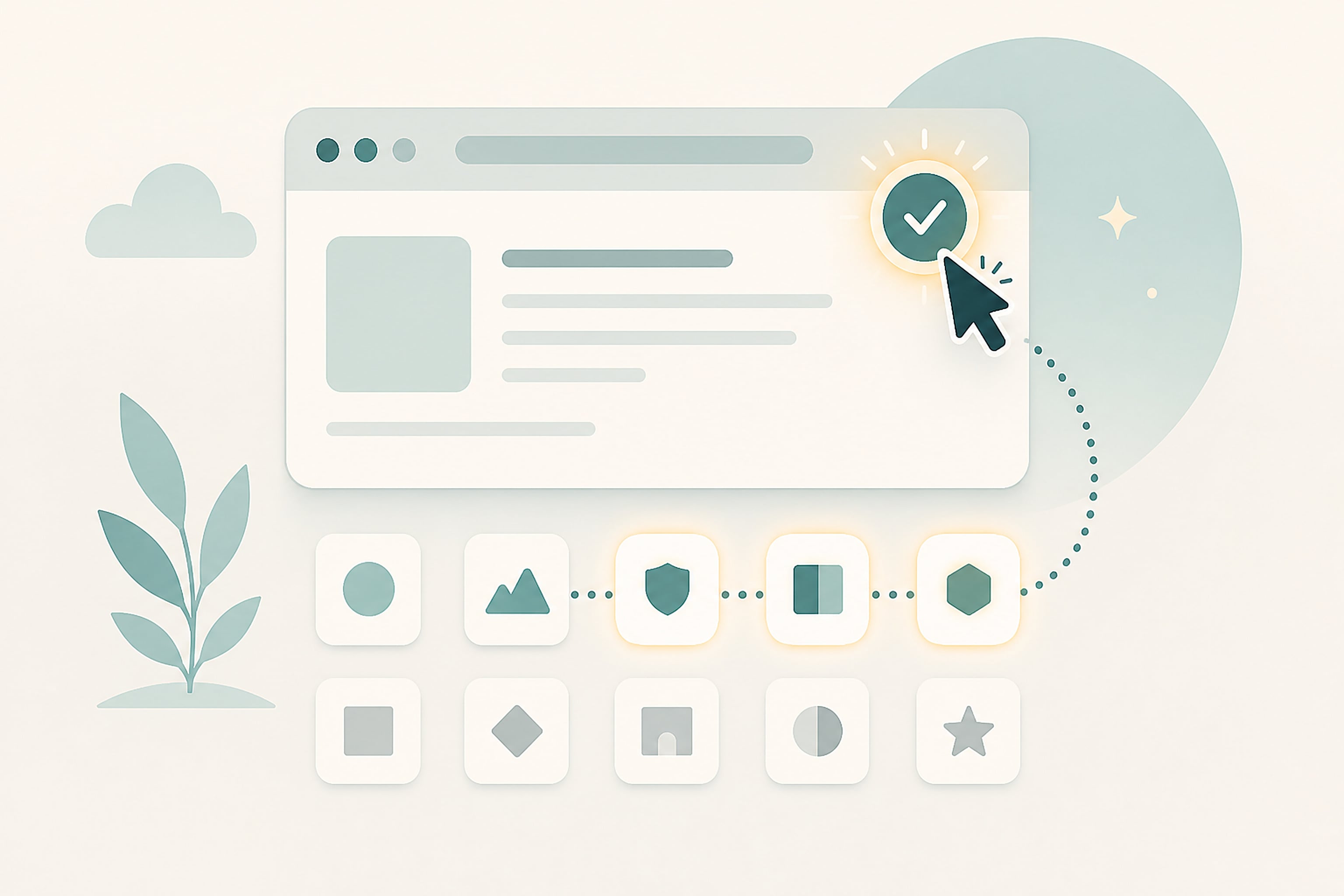 Flat illustration of a browser window with a glowing checkmark badge being clicked, above a grid of small website icons lighting up one by one