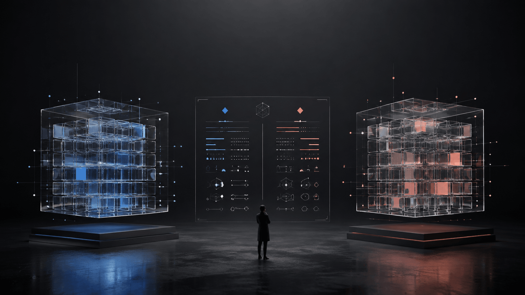 Original editorial illustration of two abstract AI systems compared on a benchmark panel.