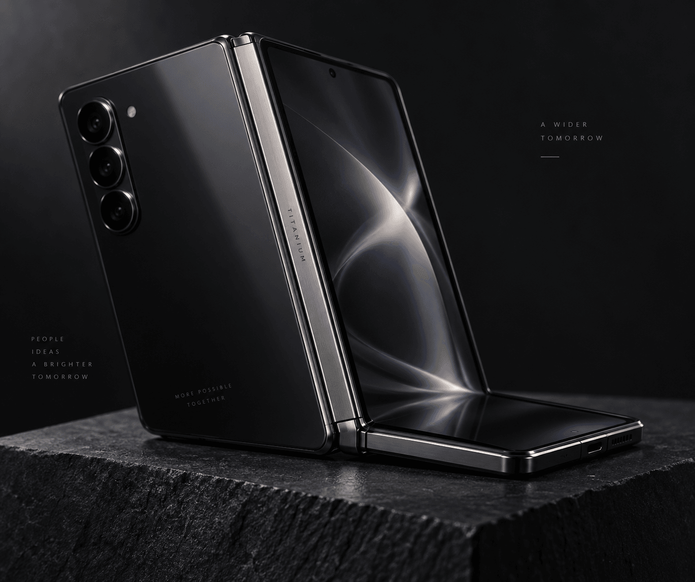 Minimalist editorial studio photograph of a sleek book-style foldable smartphone opening on a dark matte pedestal, highlighting its micro-blasted titanium hinge and polished dark glass back