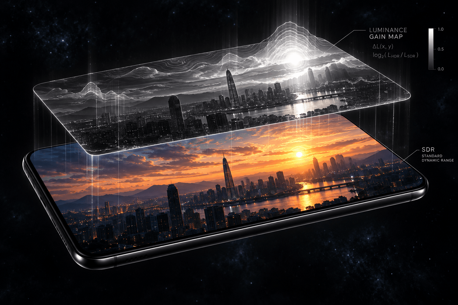 Dark technical editorial illustration of a modern smartphone displaying a sunset photograph with visible dual layers: base SDR image and floating luminance gain map.