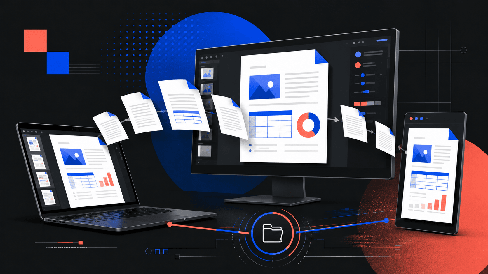 Original editorial illustration of documents moving between a laptop, desktop and device screens.