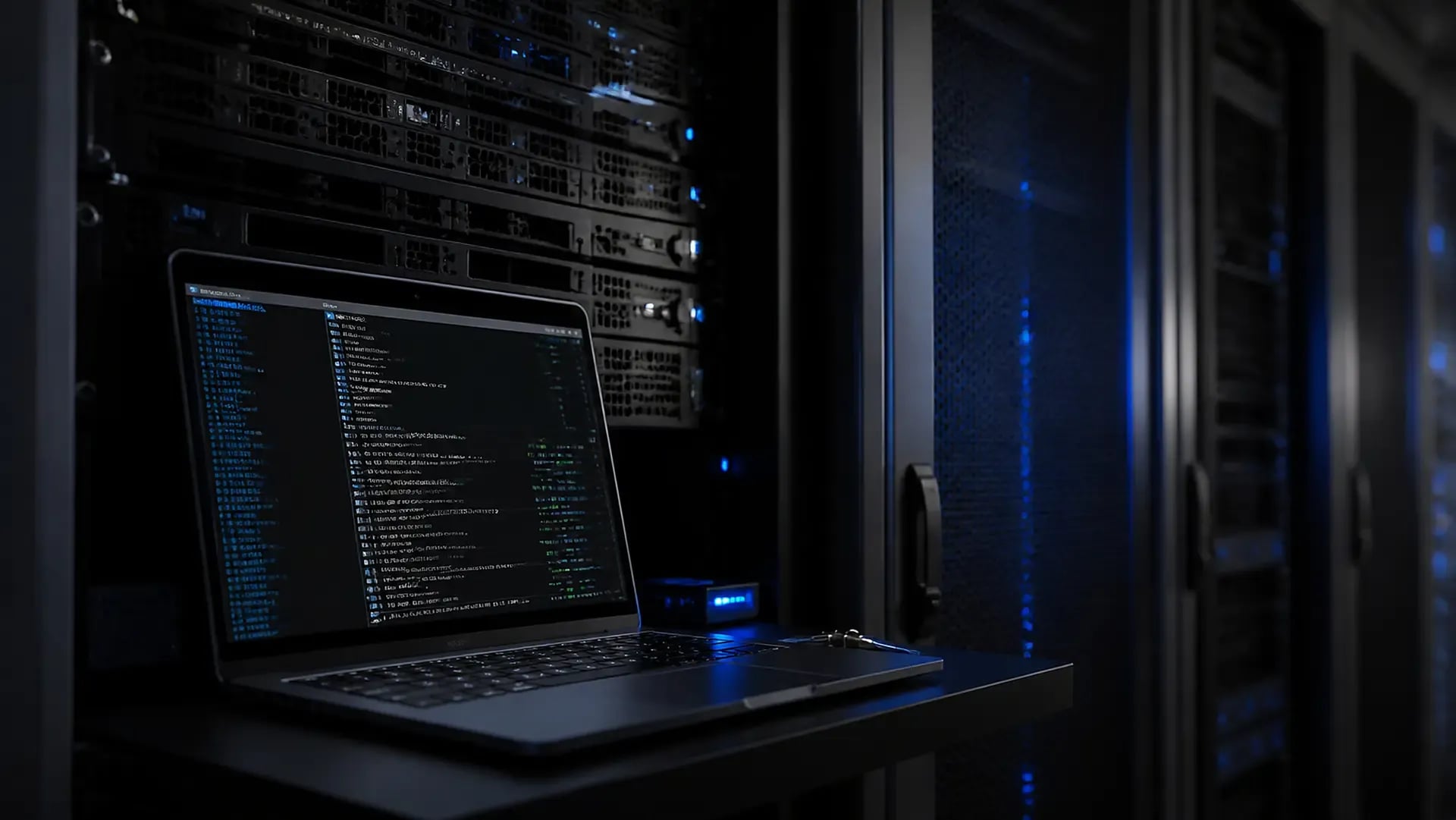 Ilustrasi rak server gelap dan laptop yang menggambarkan pemeliharaan kernel Linux