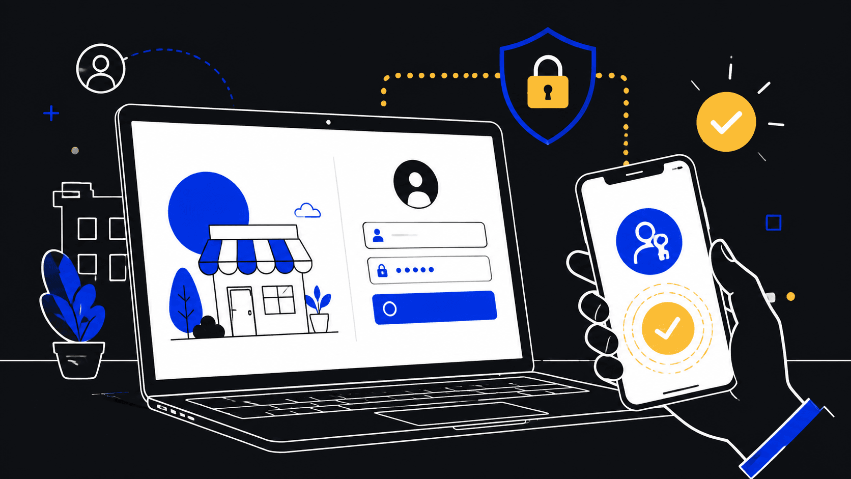 An editorial illustration of a business website login protected by a passkey on a smartphone