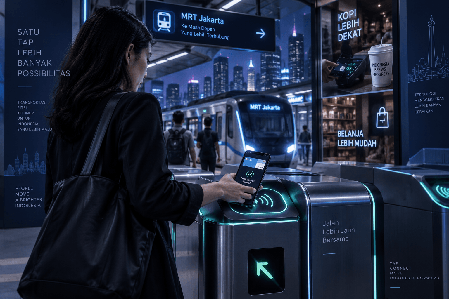 Editorial illustration of a commuter tapping a smartphone over an NFC contactless transit gate at a modern train station.