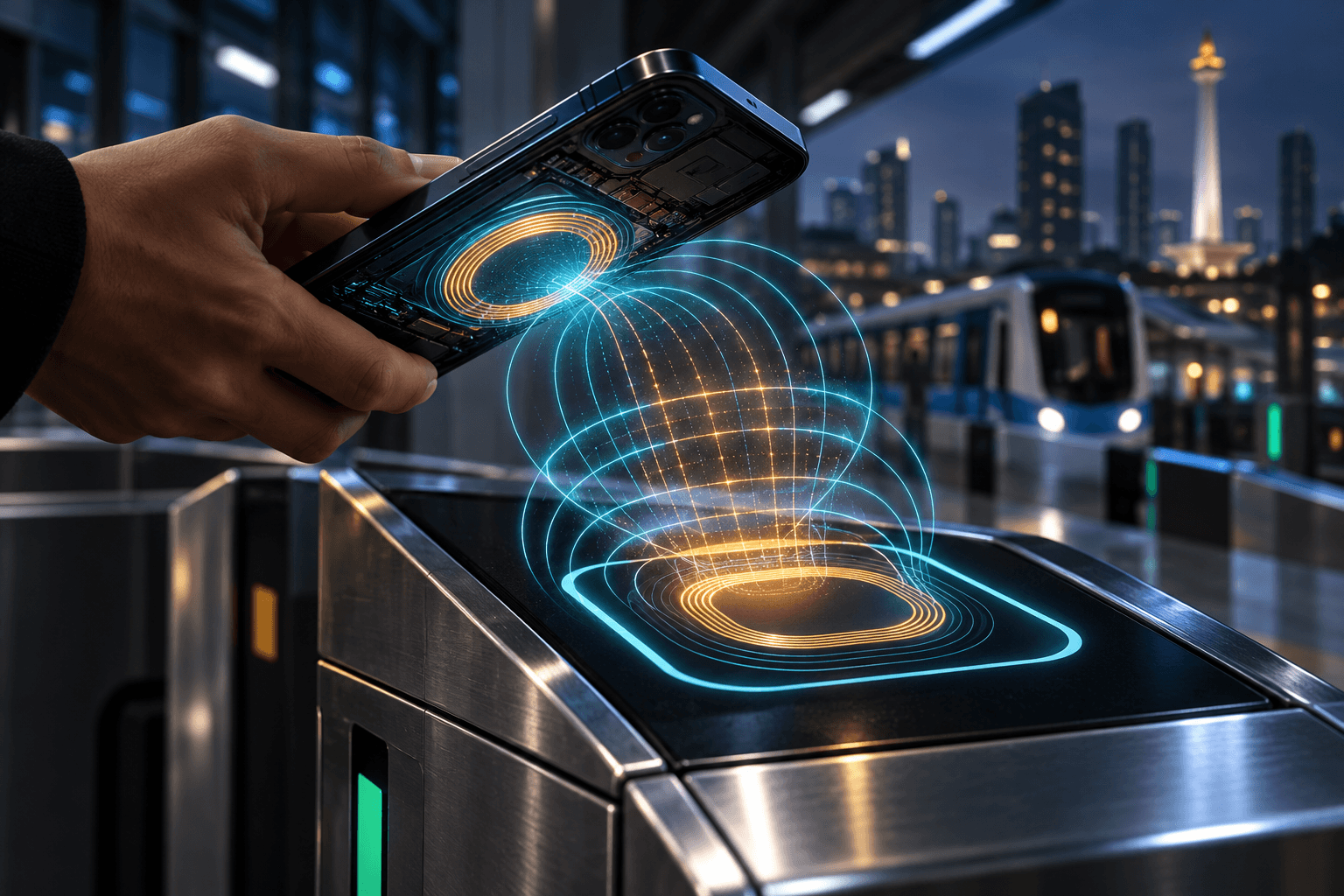 Ilustrasi editorial bertema gelap konseptual memperlihatkan ponsel pintar menempel pada sensor gerbang transit MRT Jakarta dengan lingkaran gelombang radio elektromagnetik NFC 13,56 MHz berwarna sian dan kuning tembaga.