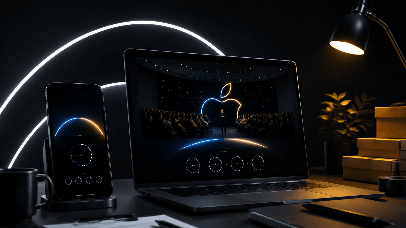 Editorial illustration of a smartphone and laptop showing a website event countdown