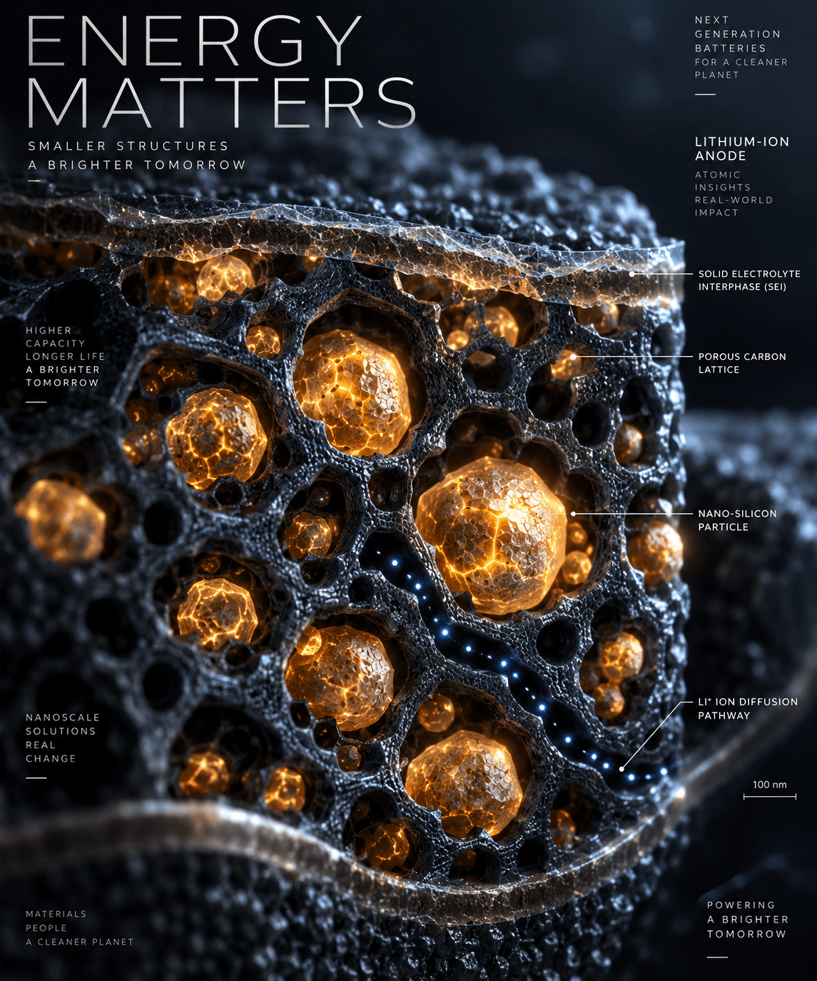 Editorial conceptual illustration showing nano-silicon particles embedded in a dark porous carbon anode lattice for next-generation smartphone batteries