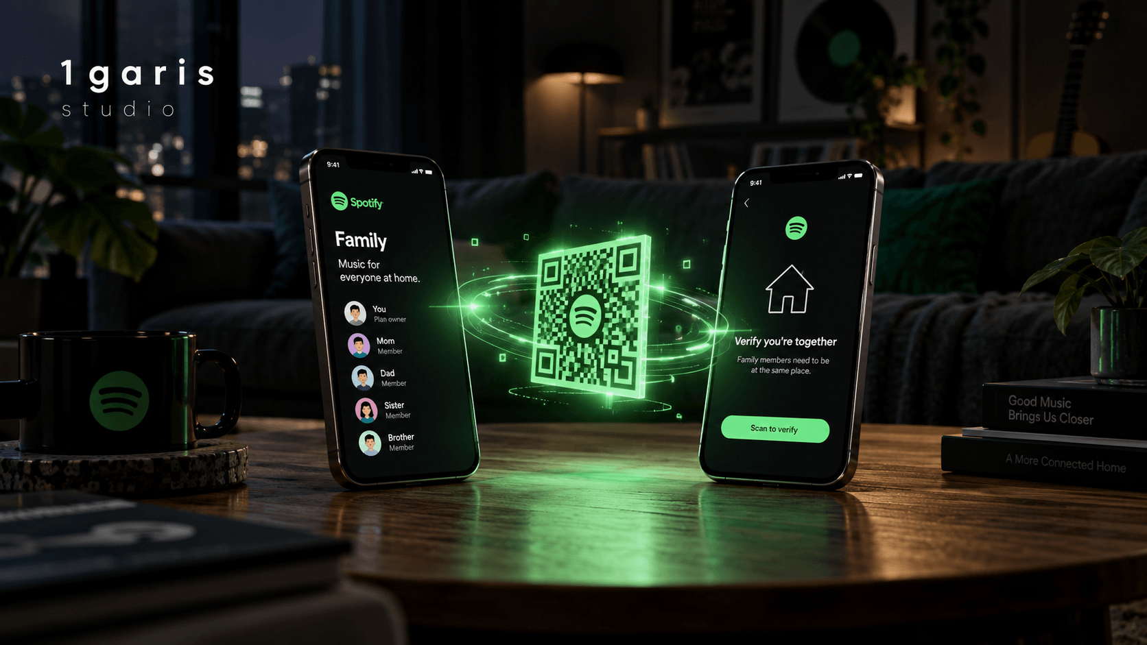 Conceptual editorial illustration of two modern smartphones exchanging an encrypted, glowing dynamic QR code in a dimly lit living room, highlighting subscription verification.