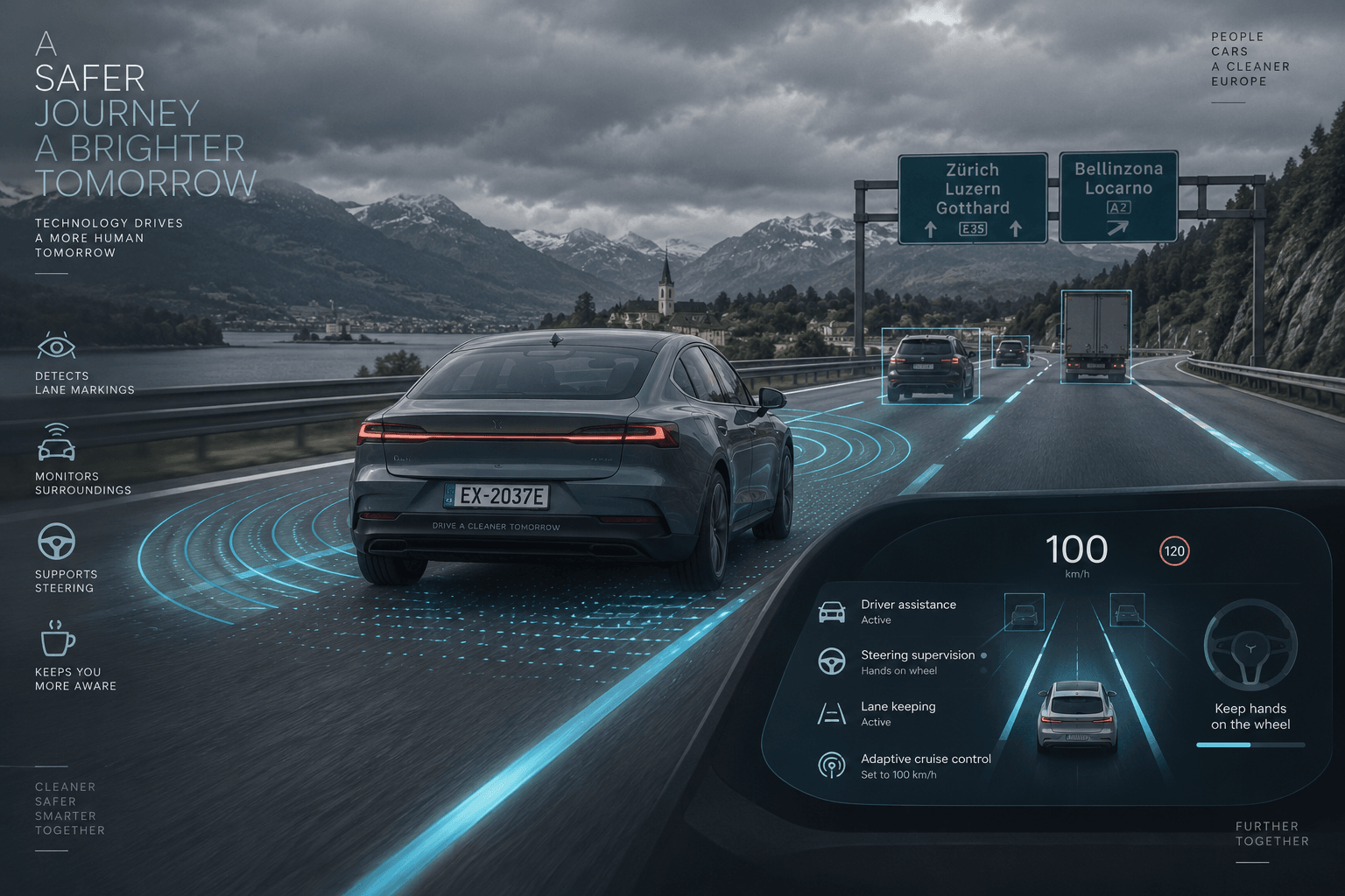 Editorial illustration of an electric car driving on a European highway with digital ADAS interface overlay graphics.