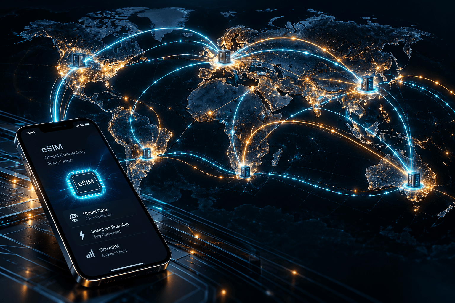 Conceptual dark-themed editorial illustration of a modern smartphone emitting luminous glowing data trails across a stylized world globe, visualizing the hidden intercontinental detour of travel eSIM roaming data.