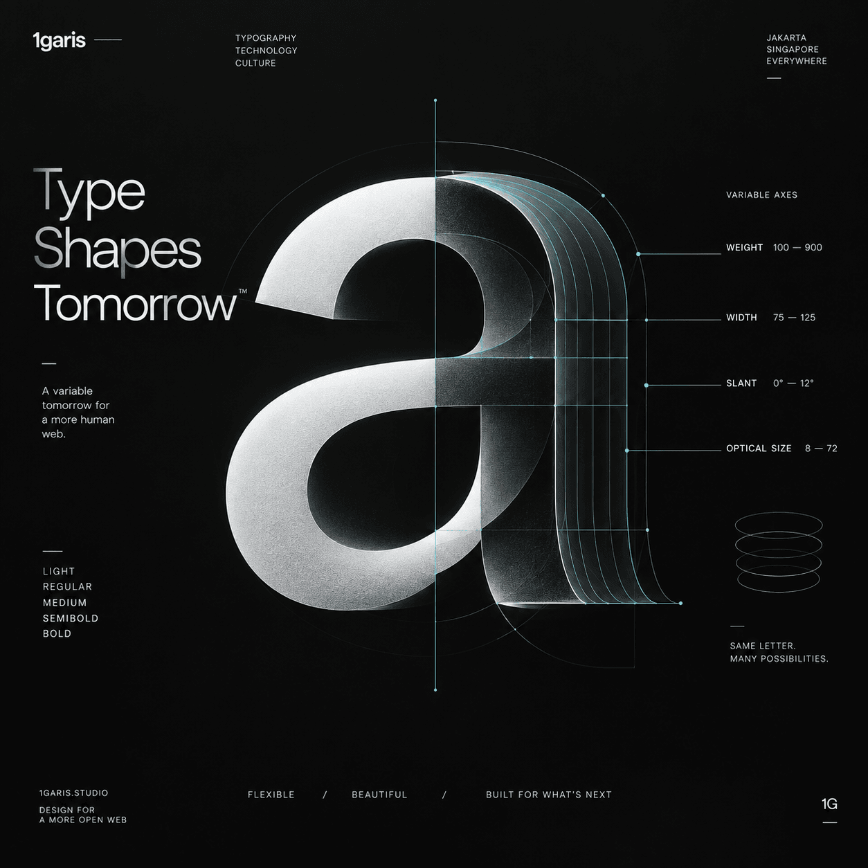 Minimalist high-end editorial graphic representing modern digital web typography, variable font axes, clean geometry, and architectural typography on dark background with sharp white and cyan accents.