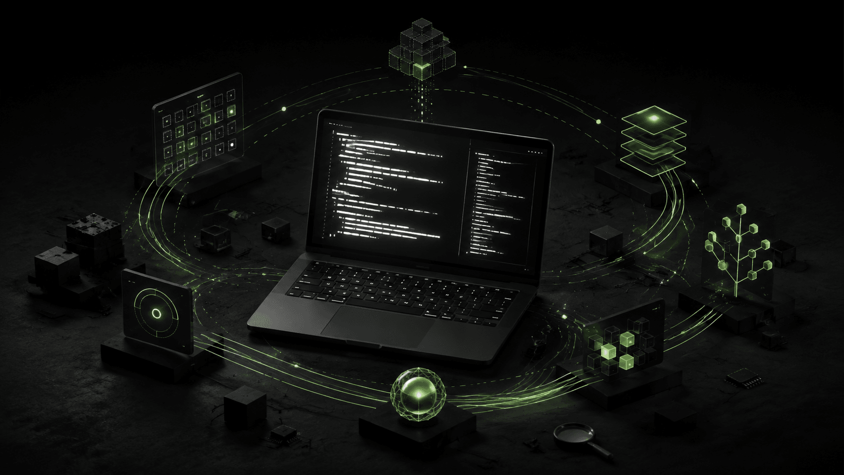 Illustration of a dark Linux workstation with abstract kernel workflow