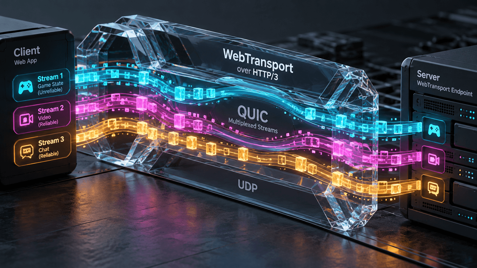 Editorial 3D concept visualization of multiplexed QUIC streams in WebTransport, glowing neon data streams flowing independently through a crystalline digital conduit on dark slate.