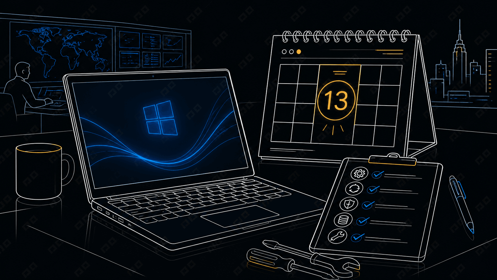 Dark editorial illustration of a Windows laptop beside an October 13 calendar and a practical upgrade checklist.