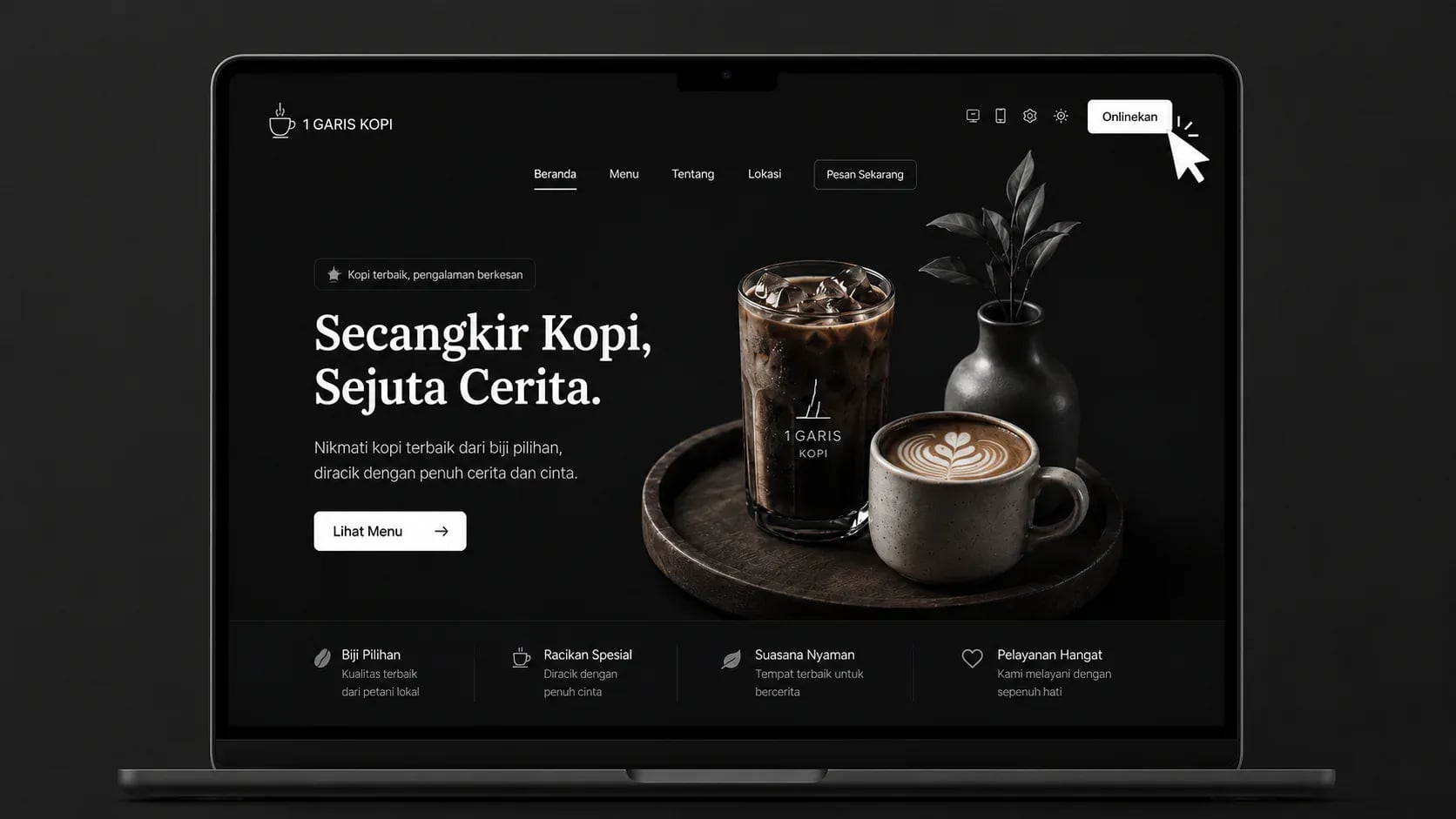 Illustration of a coffee menu website ready to go online from a dashboard