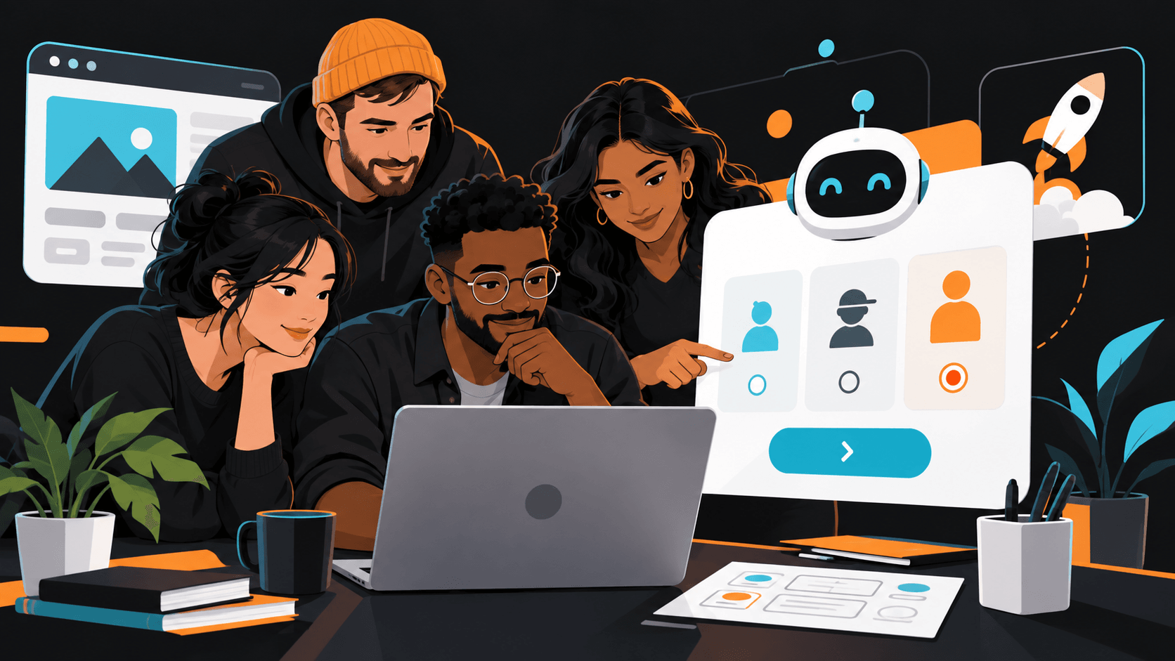 Illustration of a small-business website team setting a clear age boundary before activating an AI chat feature.