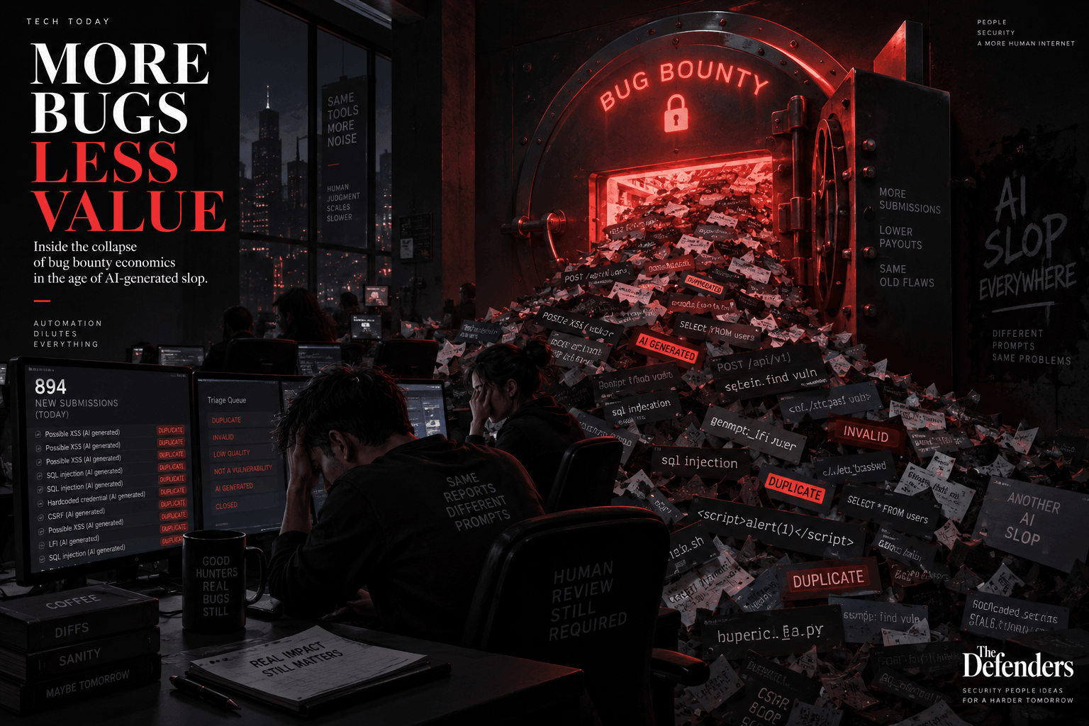 Minimalist dark editorial illustration showing a glowing red digital vault overflowing with synthetic code fragments in an engineering environment