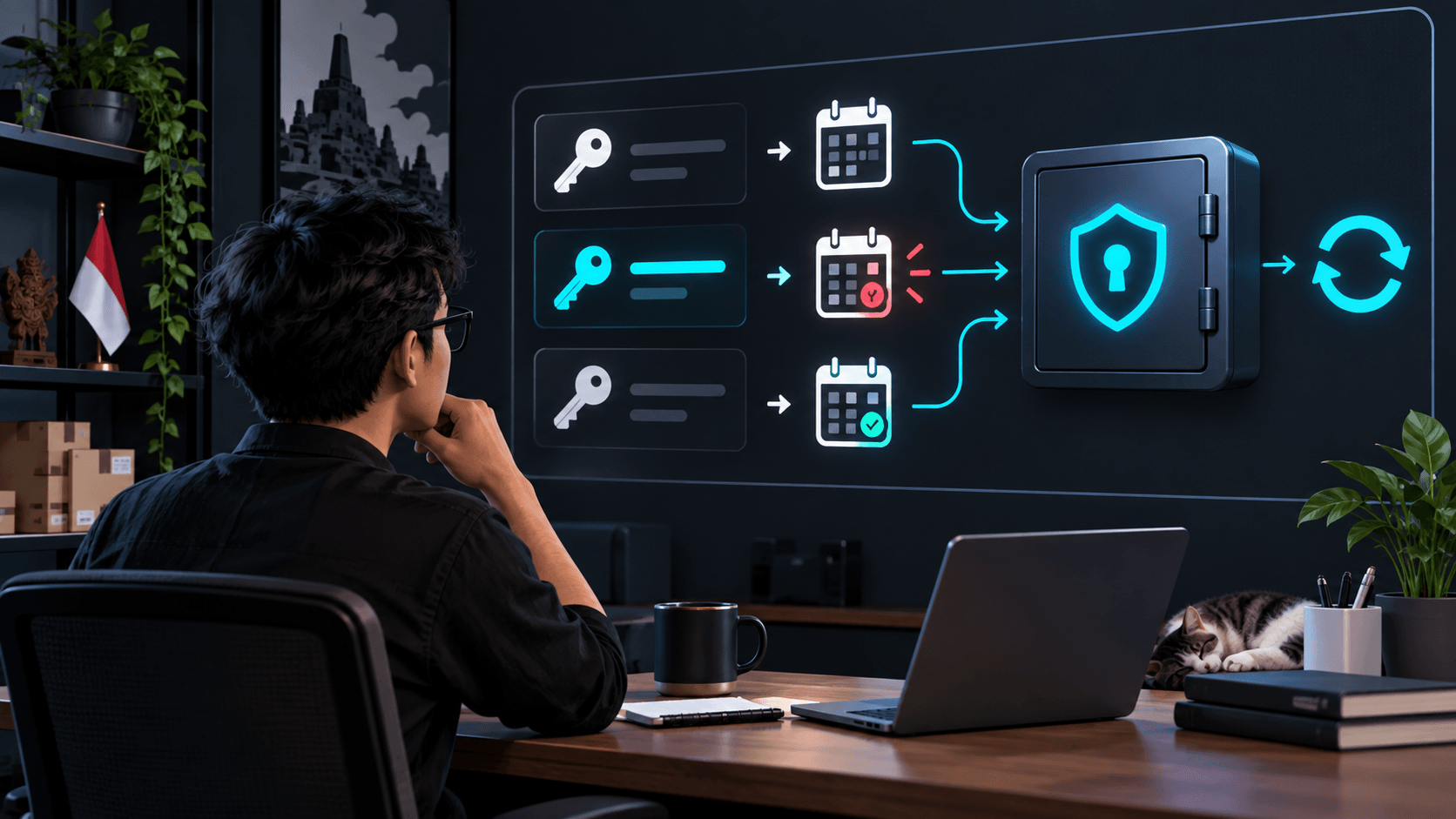 An editorial illustration of a small business reviewing the lifecycle of secure API credentials.