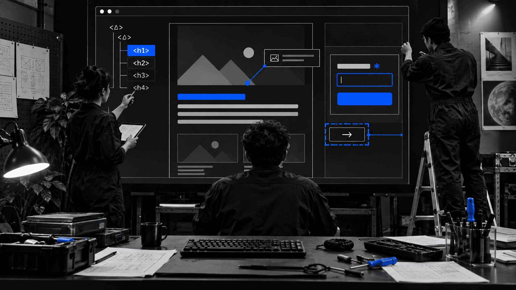 A dark studio workbench showing a web page blueprint, keyboard, focus ring, and repaired interface components.