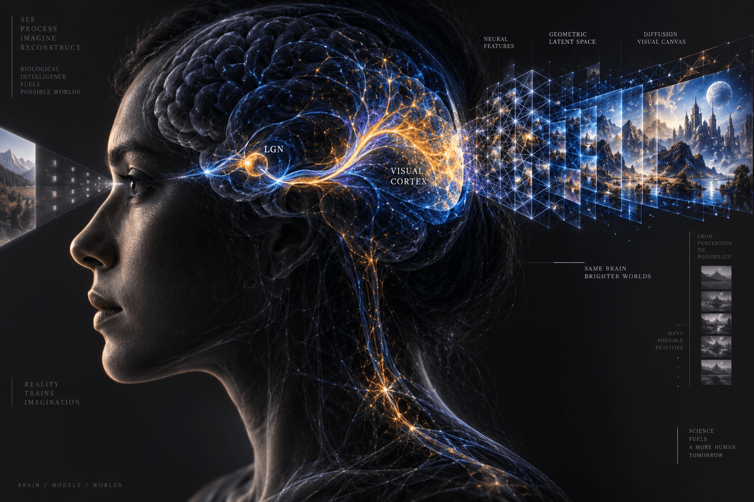 Editorial conceptual illustration showing neural pathways in the visual cortex resolving into a structured geometric latent diffusion canvas